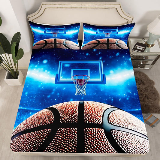 Basketball Bedding Set Sports Theme Basketball Court Print Fitted Sheet for Boys Teens Bed Sheet Set,Kids Child Bedroom Blue Print Soft Lightweight,Decorative 2 Pcs Twin Size