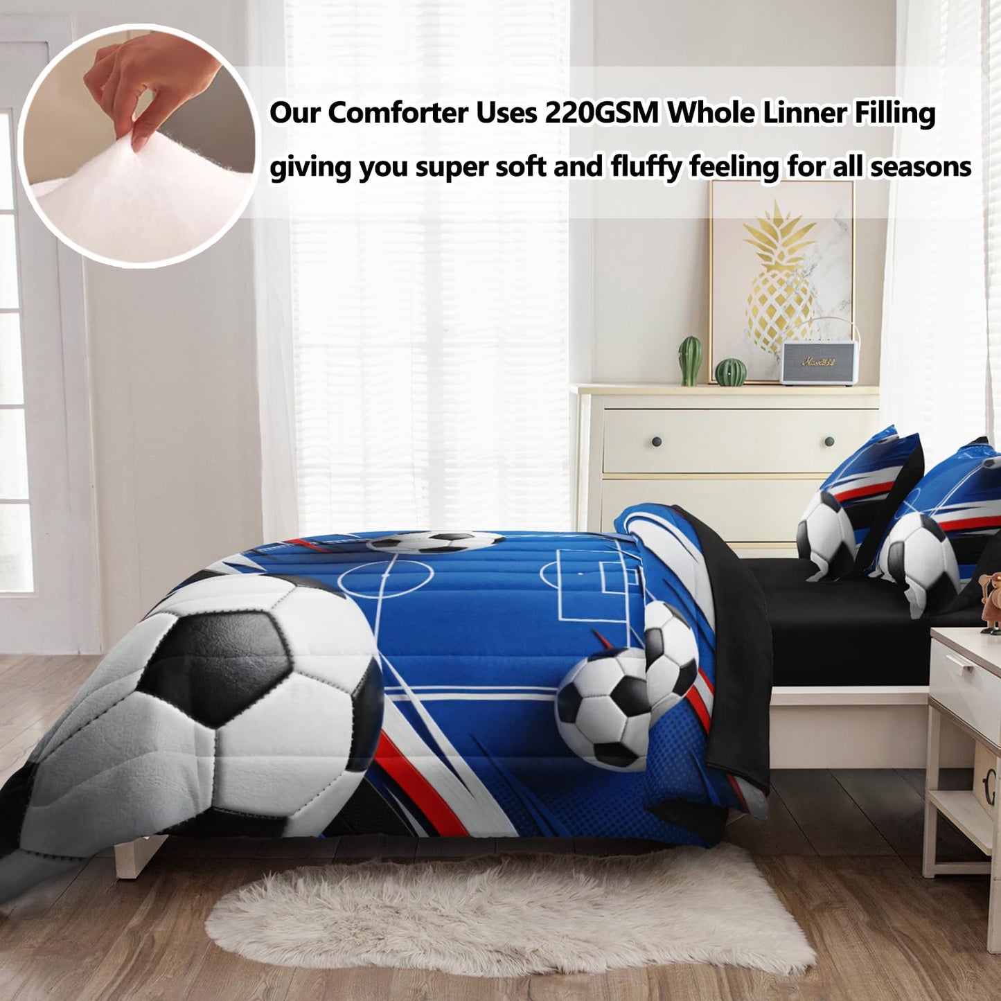 HICAND 5 Pcs Soccer Full Bedding Set for Boys Teens, Full Size Sports Blue Soccer Field Boys Comforter Set with Sheets