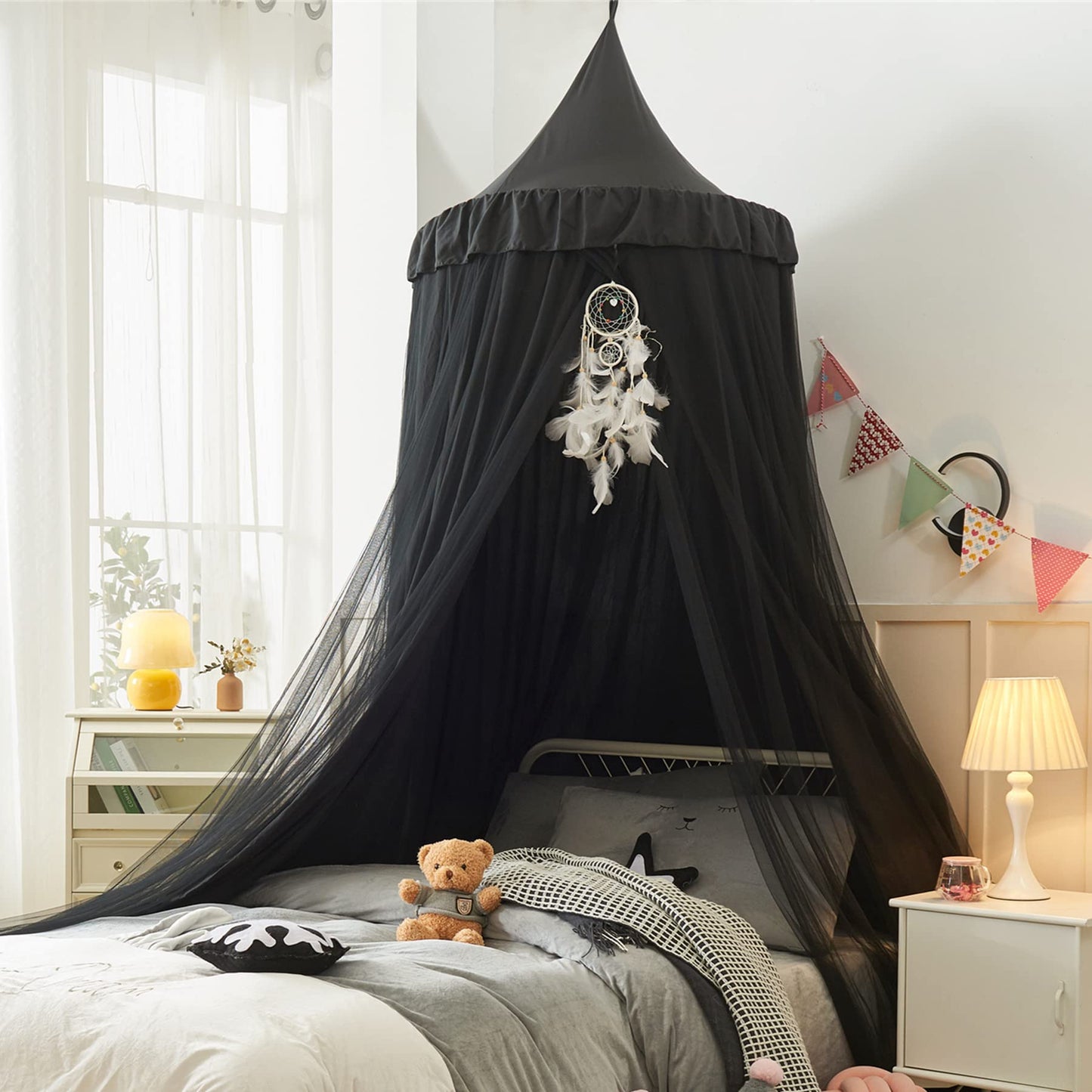 VETHIN Bed Canopy for Girls,Princess Round Dome Dreamy Mosquito Net Bedding Girls Room Castle Play Tent Hanging House Decor Reading Nook Canopies (Black/Black)