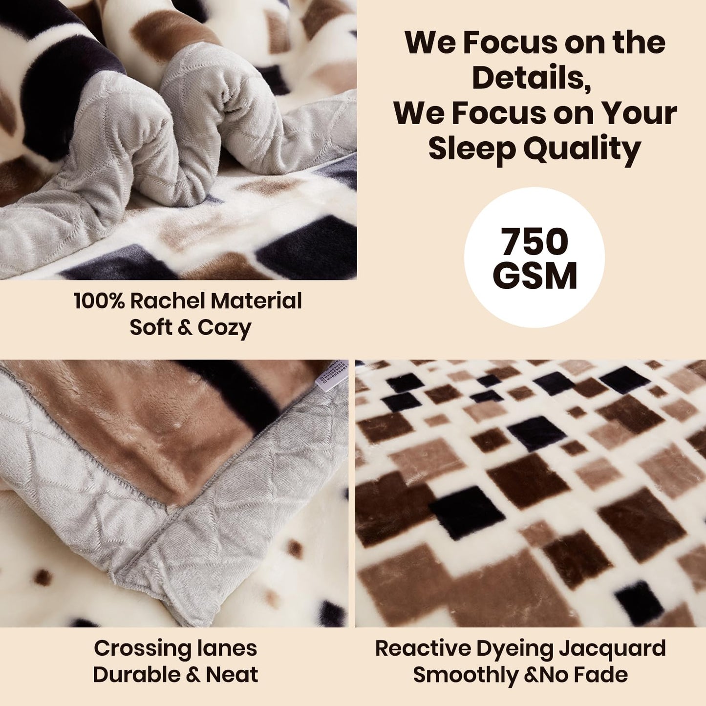 MODUSKYE Mink Blankets, Korean Heavy Plush 7.7lbs 2 Ply Chip Pattern 78x90 inch Thick Blankets Queen Size Sliky Soft and Warm Raschel Throw for Cold Night (Beige+Black)