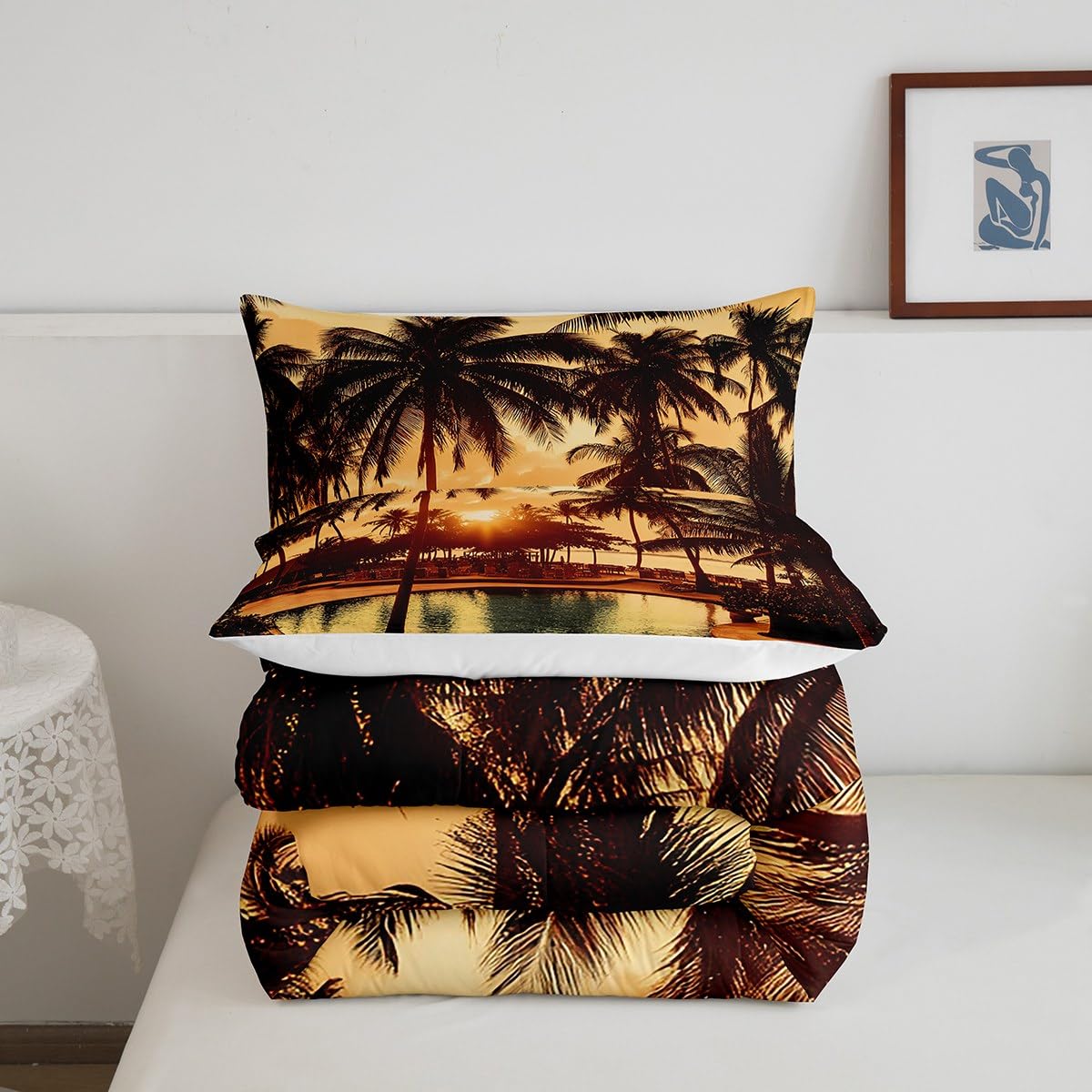 jejeloiu Palm Tree Bedding Set Full Size Kids Palm Leaf Comforter for Boys Girls Hawaiian Tropical Island Comforter Set Summer Duvet Set Room Decorations Quilt Set
