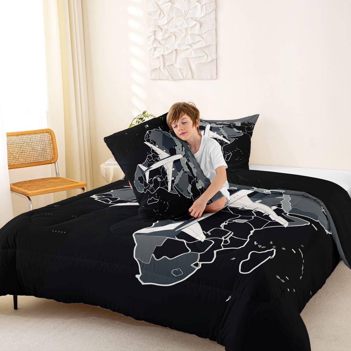 Erosebridal Airplane Comforter Set Full Aircraft Bedding Set Gradient Gray World Map Comforter for Kids Boys Girls Modern Transportation Plane Quilt Duvet