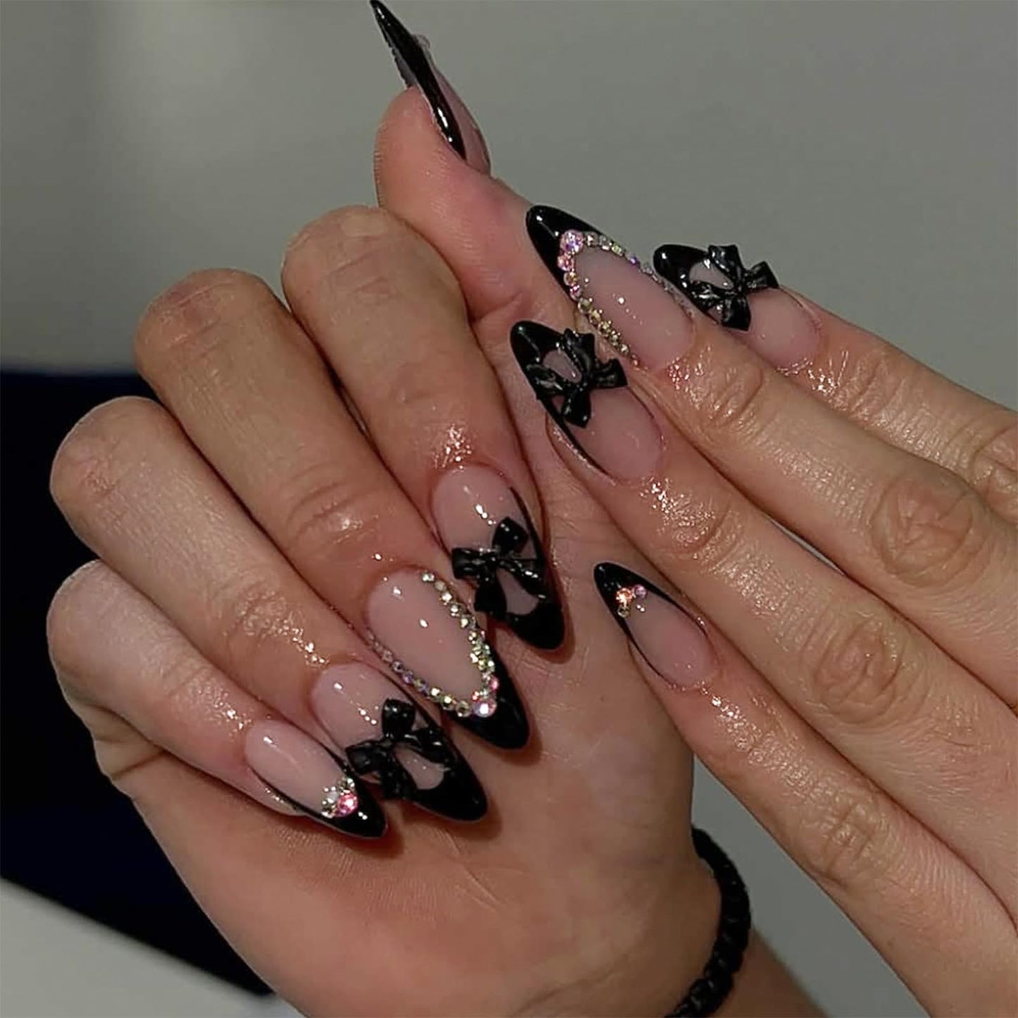 SINHOT Almond Press on Nails - Medium Fake Nails, Glossy Finish, 3D Black Bow & Rhinestones, DIY Artificial False Nail Art - 24 Pcs Nail Kit with Glue