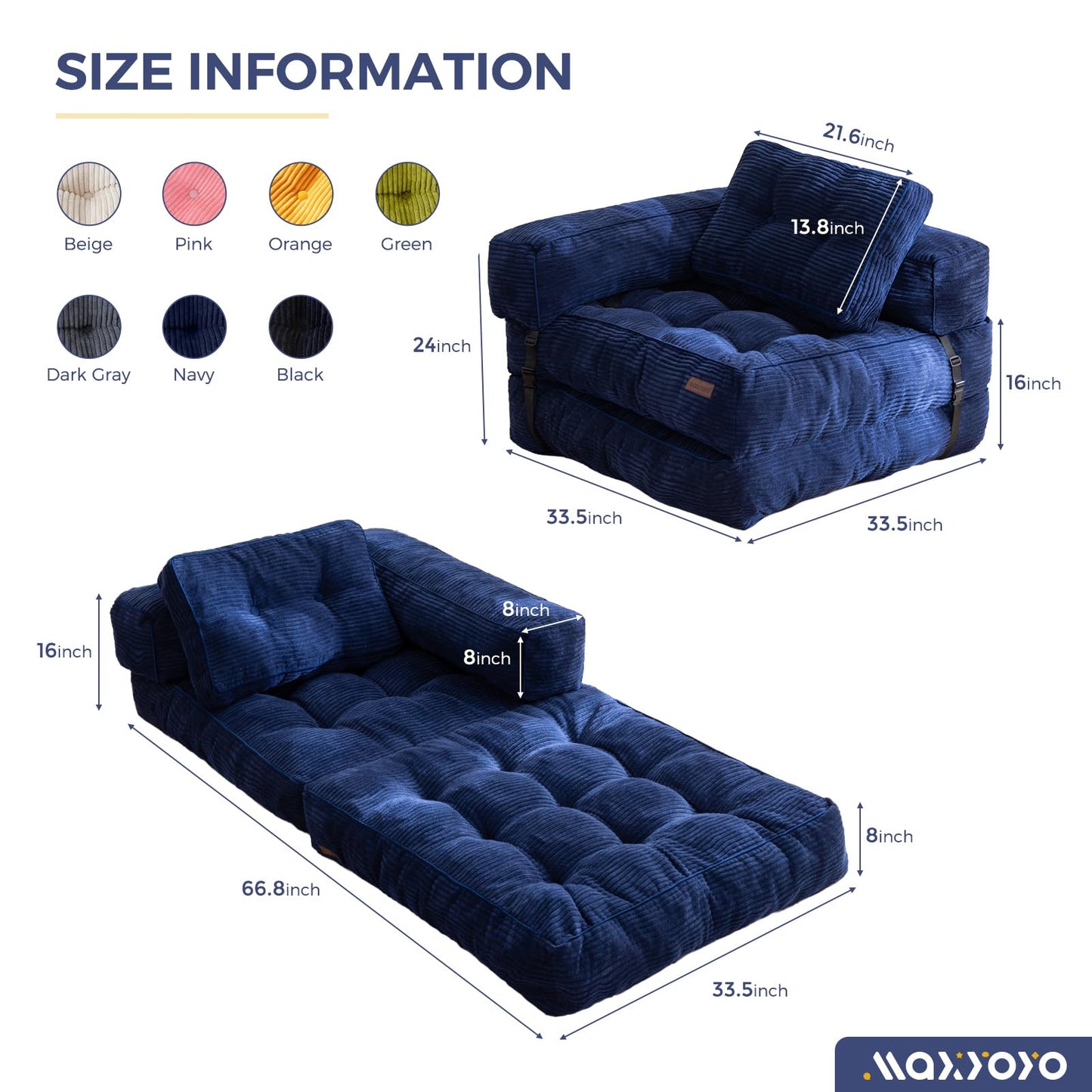 MAXYOYO Folding Sofa Bed, L-Shaped Convertible Sofa Bed with Armrest Foldable Sofa Couch with Pillow, Portable Fold Out Chair Bed Comfy Floor Lounge for Living Room Bedroom, Navy