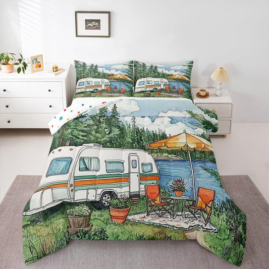 Erosebridal Kids Camping Kids Bedding Rv Camper Decor Comforter Sets King,Happy Camping Comforter Farmhouse Watercolor Theme Duvet Insert with 2 Pillow Cases