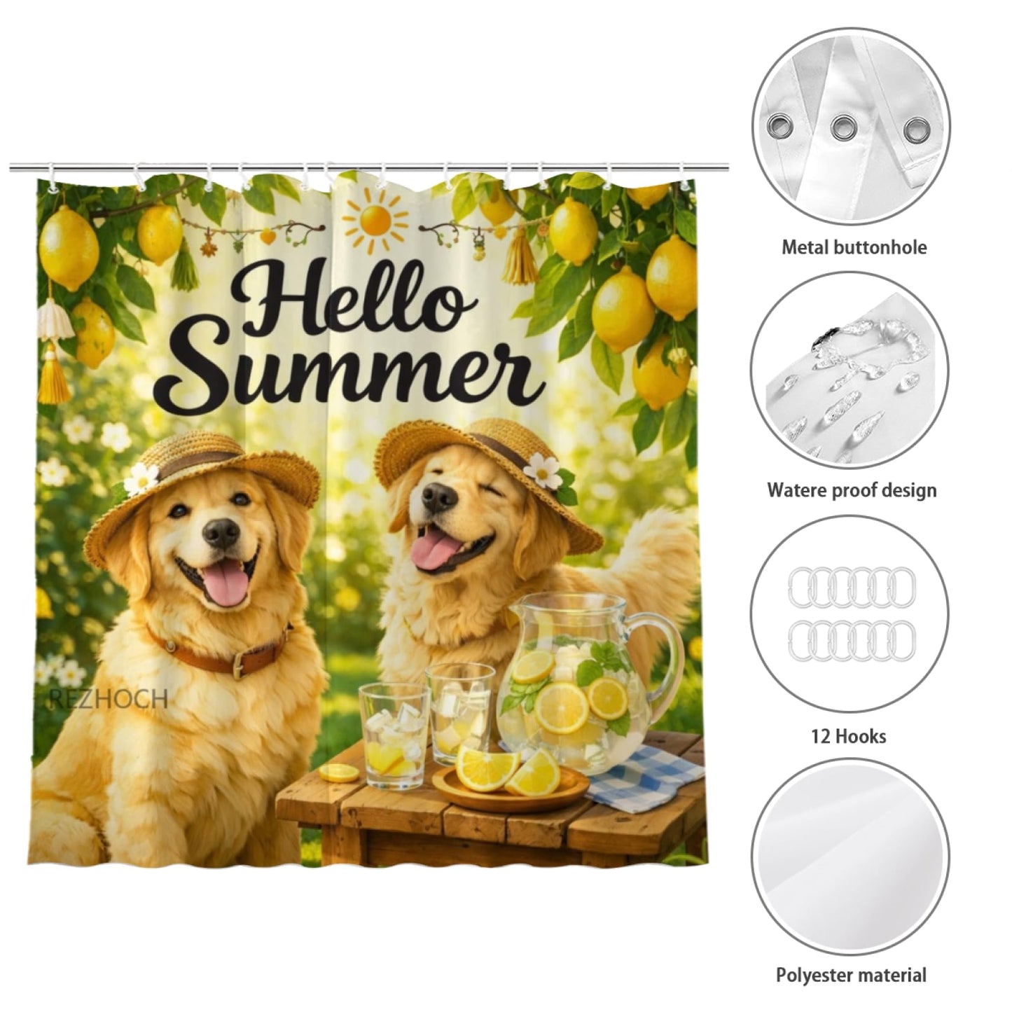 REZHOCH Summer Lemon Fun Golden Retriever Dog Shower Curtain 72x72Inch,Cute Animal Boho Home Bathroom Decor,Yellow Green Farmhouse Woodland Kid Adult Waterproof Fabric Bath Set with Hooks
