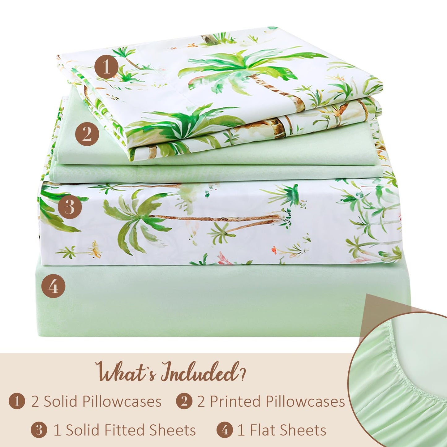 LONAVA Tropical Queen Size 6 Pcs Sheet Set, Breathable Microfiber Deep Pocket Sage Green Fitted Sheets, Comfy & Breathable Patterned Flat Sheets,4 Gentle Soft Pillowcases, Summer Tree