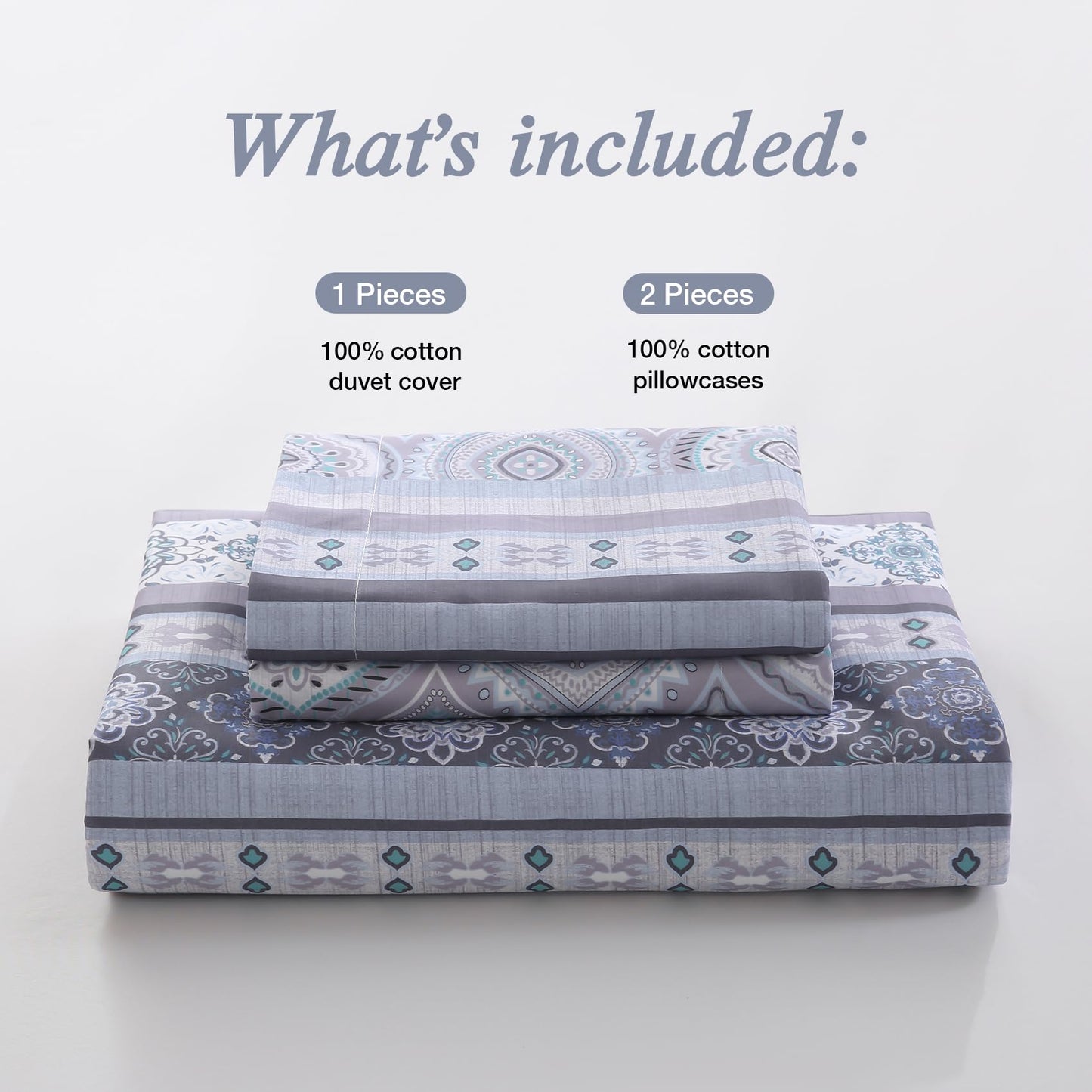 Ocharo Boho Duvet Cover King Size 100% Cotton,Reversible Duvet Cover Set with Bohemian Floral Striped Printed,Soft 3 Pieces Paisley Pattern Duvet Bedding Cover Set with 2 Pillow Shams,Grey Purple