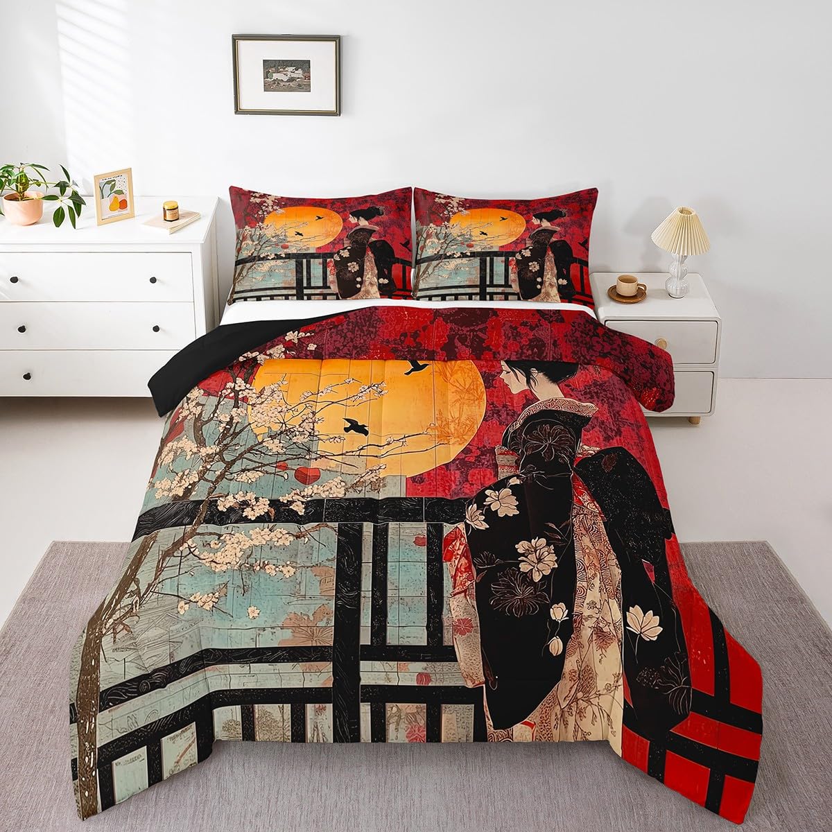 Erosebridal Japanese Style Comforter Set, Cherry Blossoms Down Comforter Queen Size for Kids Girls Women Bedroom Decor, Sakura Flower Bedding Set, Japan Ukiyo-E Quilt, Red, Lightweight