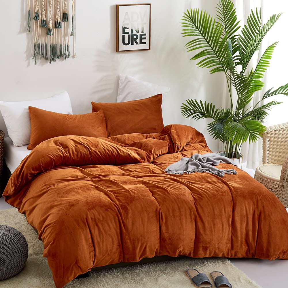 CLOTHKNOW Burnt Orange Velvet Duvet Cover Set Queen Fluffy Bedding Sets Flannel Bedding Duvet Cover Rust Comforter Cover Sets Queen