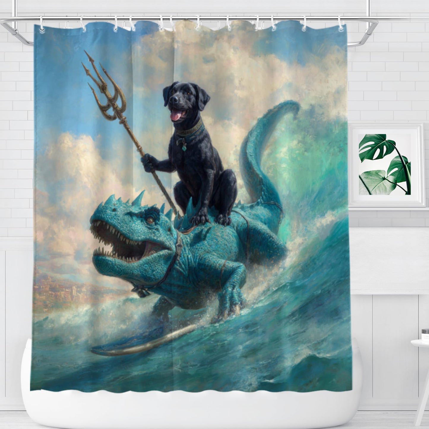 Wordatu Funny Black Labrador Dog Shower Curtain Cool Dog Dinosaur Ocean Wave Decor Fabric Bathroom Curtains, Kids Children Rustic 72x72 Inch