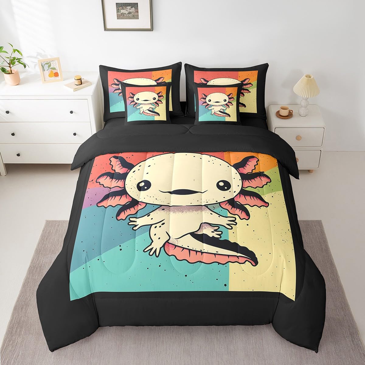 Erosebridal Cute Axolotl Comforter Set 7 Piece Bed in a Bag Twin,Nautical Sea Animal Kawaii Bedding Sets Cartoon Walking Fish Comforter and Sheet Set,Ocean Reptile Bed Set