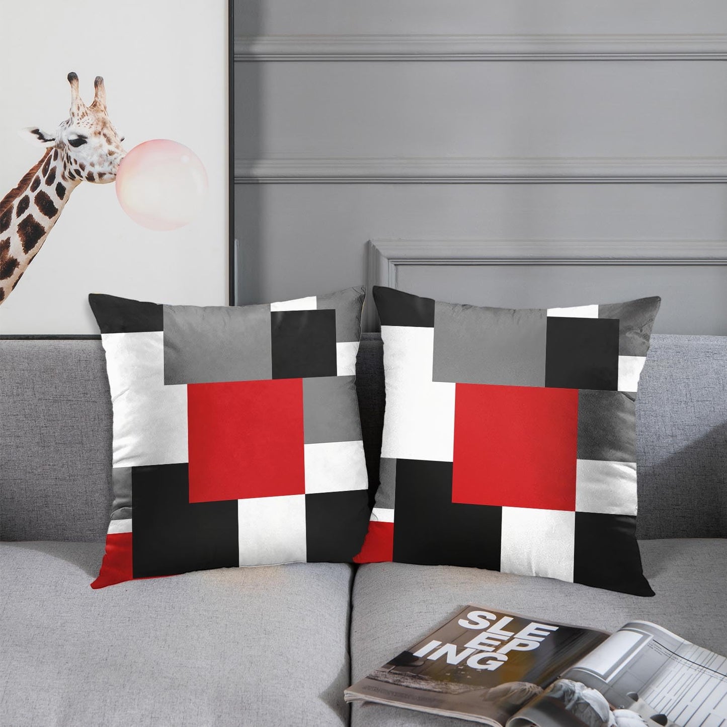 Emvency Set of 2 Red Black and Grey Throw Pillow Covers Geometric Modern Abstract Painting Decorative Pillow Cases Home Decor Standard Square 18x18 Inches Pillowcases