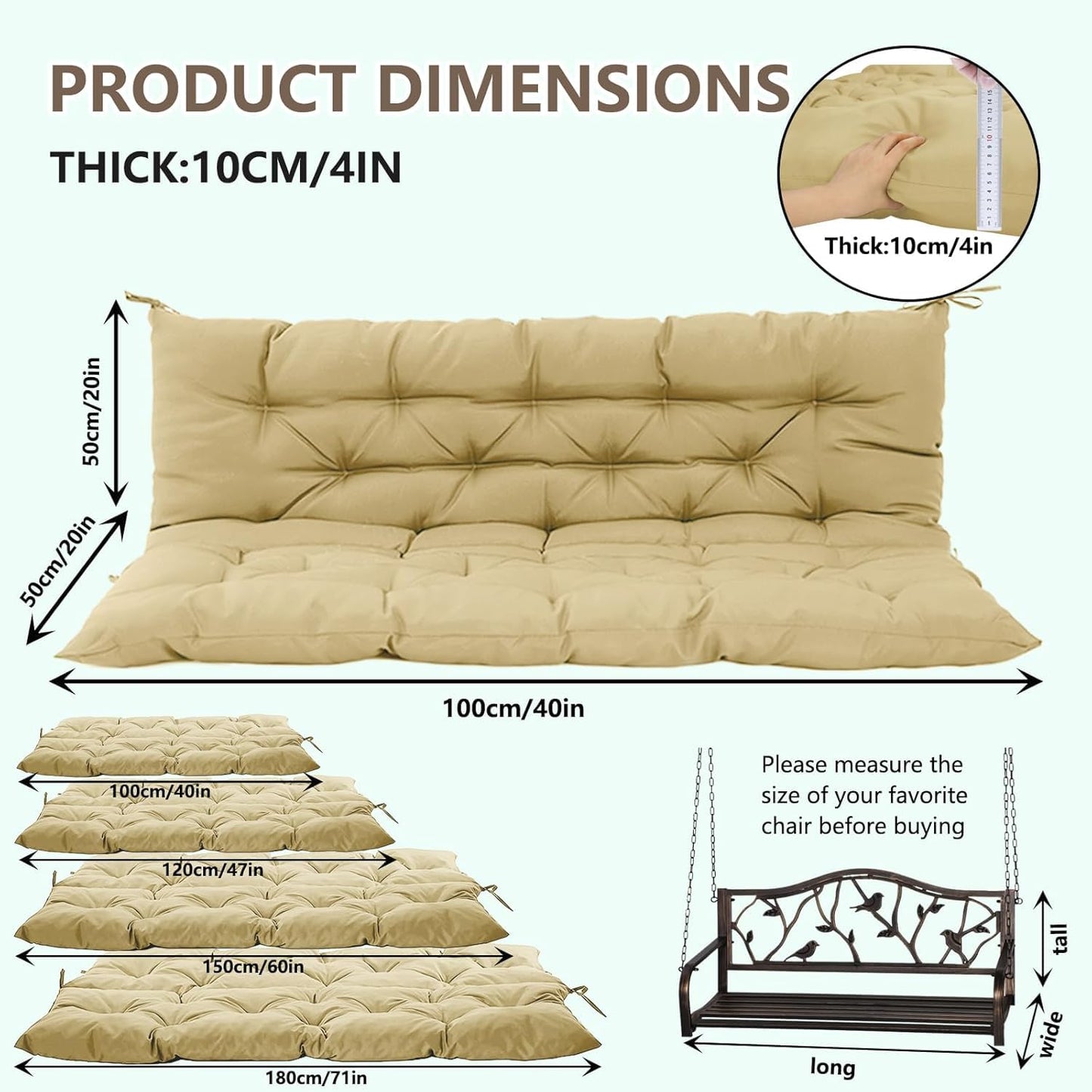 Longmu Living Porch Swing Cushions, Outdoor Swing Cushions 3 Seater Replacement with Backrest, Thickened Swing Cushion with Ties,Patio,Outdoor,Backyard and Gard (Khaki, 60 * 40 * 4 inches)