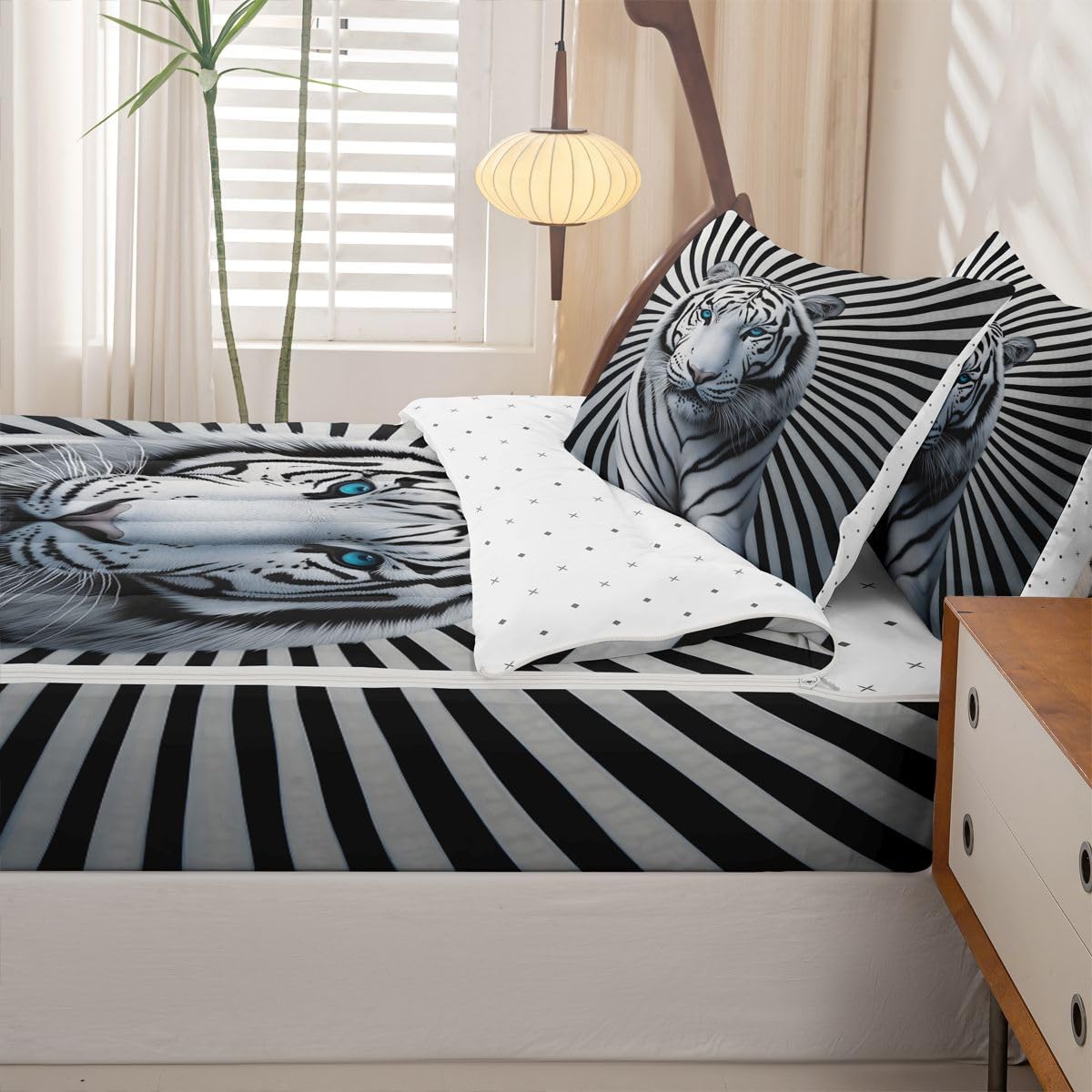 jejeloiu White Tiger Comforter Set Twin Size Zipper Bedding Set for Girls Boys 3D White Tiger Print Comforter with Fitted Sheet, Pillowcases Wildlife Zipper Bedding Soft Breathable Bed in a Bag