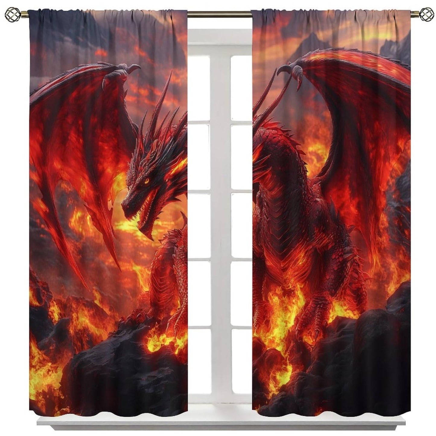 wlsgdsg Western Dragon Curtains for Boys,Fantasy Myth Red Volcano Lava Magic Wings Dragon Fire Breathing Window Treatments Print for Kids Teenage Bedroom Living Room 42x45in（No Blackout）