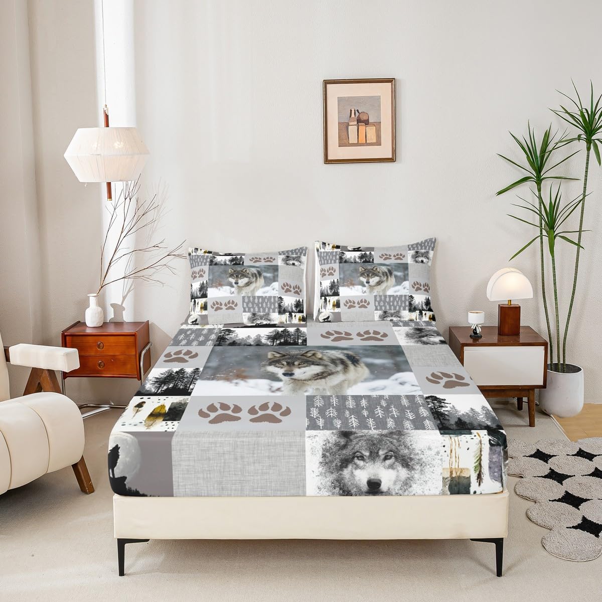 Manfei Wolf Kids Fitted Sheet Queen Size,Wolf Paws Print Pine Trees Wild Adventure Bedding Set,Boys Girls Adults Room Decor,Geometric Plaids Patchwork Bed Cover,Rustic Bed Sheet,2 Pillowcases