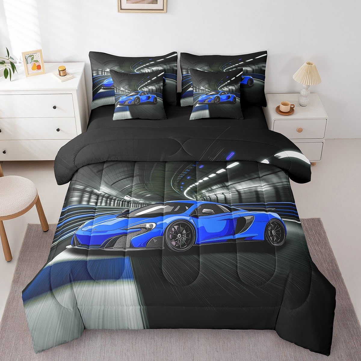 jejeloiu Speed Sports Car Bed Set Tunnel 7 Pieces Bedding Set for Kids Blue Racing Car Bed in a Bag with Comforter, Pillowcases Ultra Soft Extreme Sports All Season Breathable Lightweight Twin Size