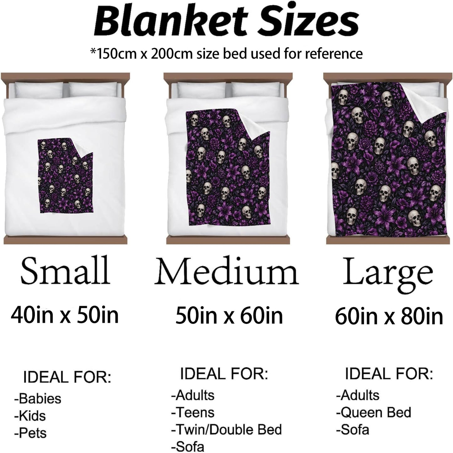 Kibue Gothic Skull Purple Floral Blanket, Soft Dark Flowers Flannel Throw Gifts for Women Teens Adults, Warm Cozy Lightweight Blankets for Travel, Decor, Office 60"×50"