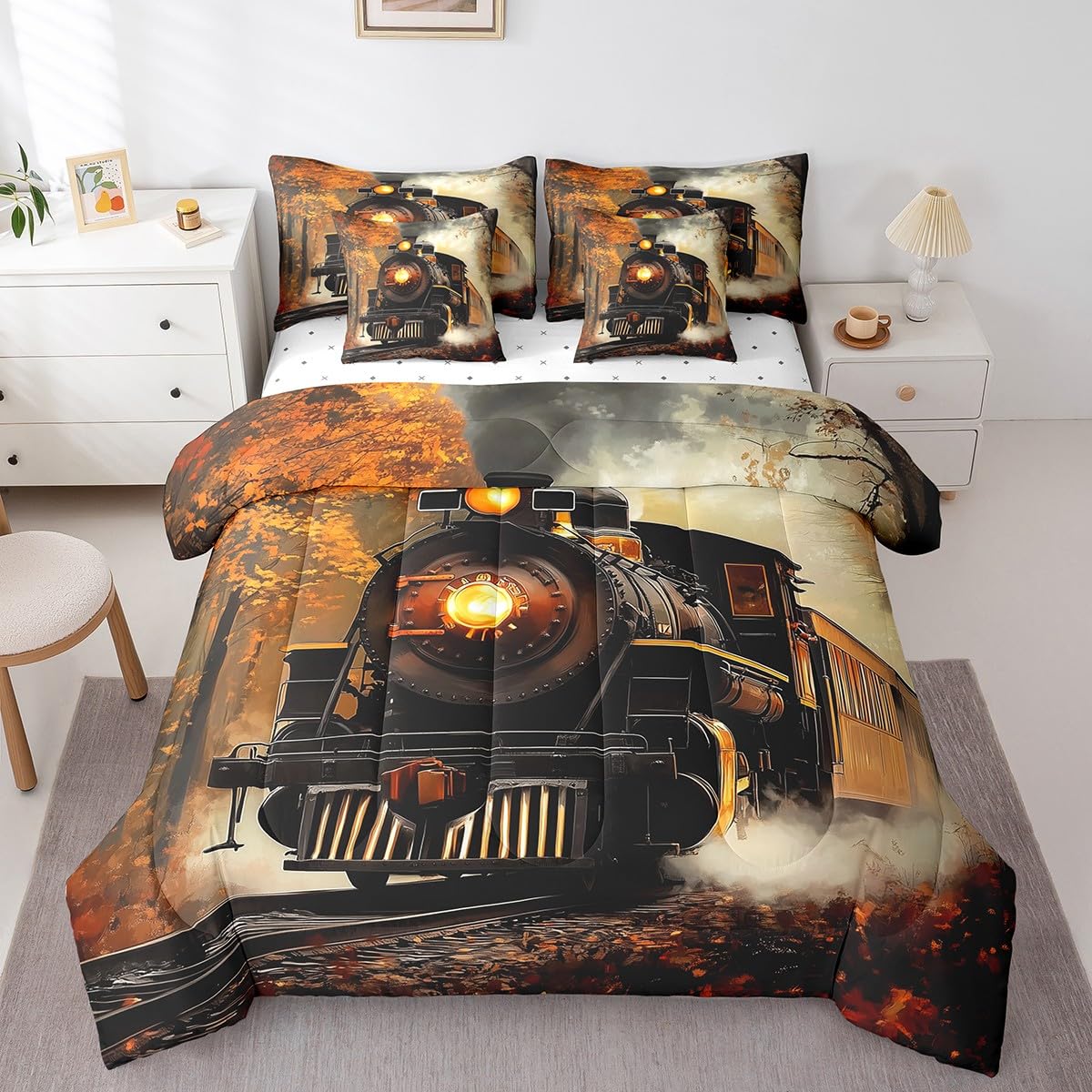 Erosebridal Train Bedding Set Retro Steam Engine Twin Comforter Set 7 Piece Railway Track Transport Bed in A Bag with Sheets for Kids Boys Teen Men,Autumn Fallen Leaves Bed Set