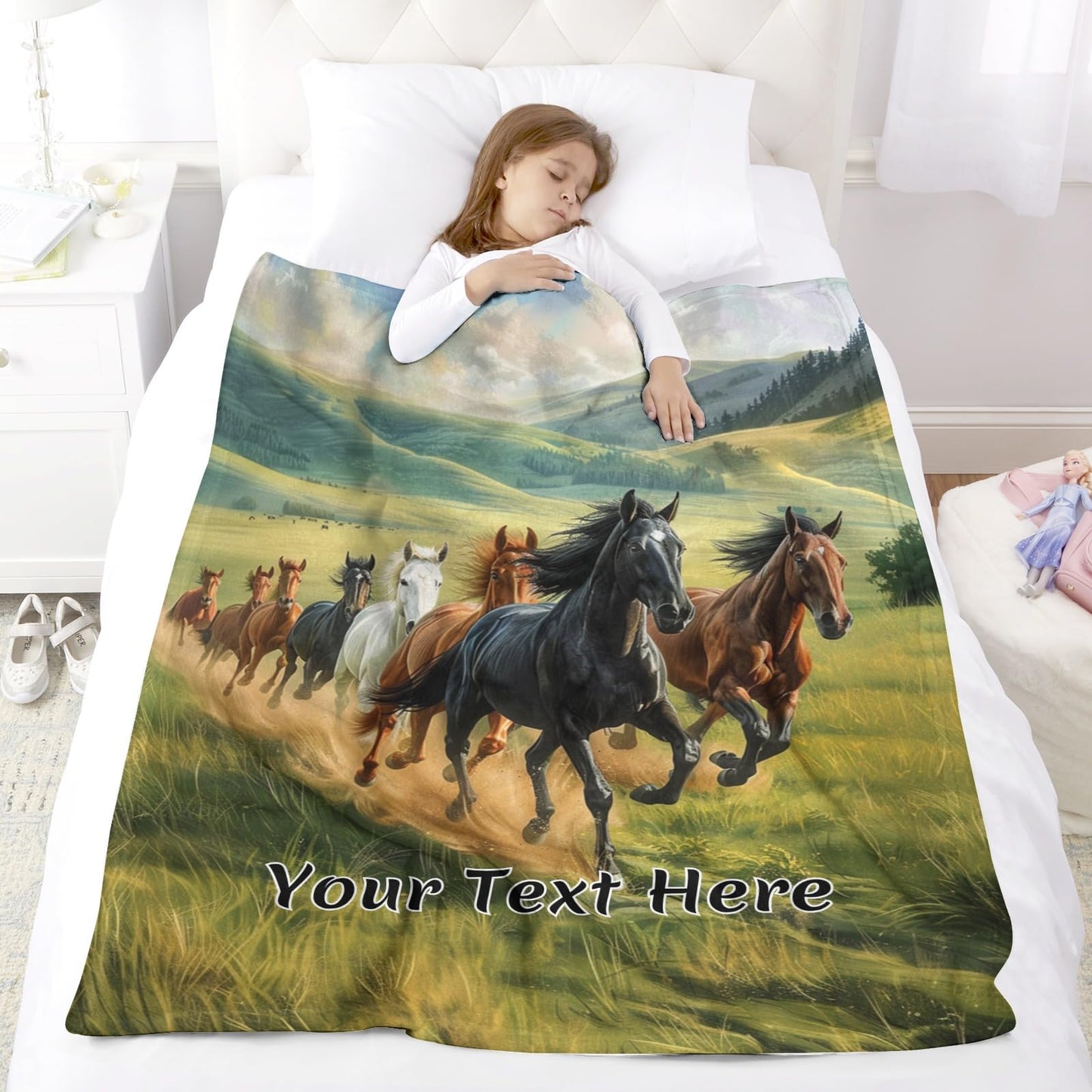 Personalized Horses Blanket with Name, Galloping Running Horse Soft Decorative Flannel Throw Blanket for Bed Couch, Birthday