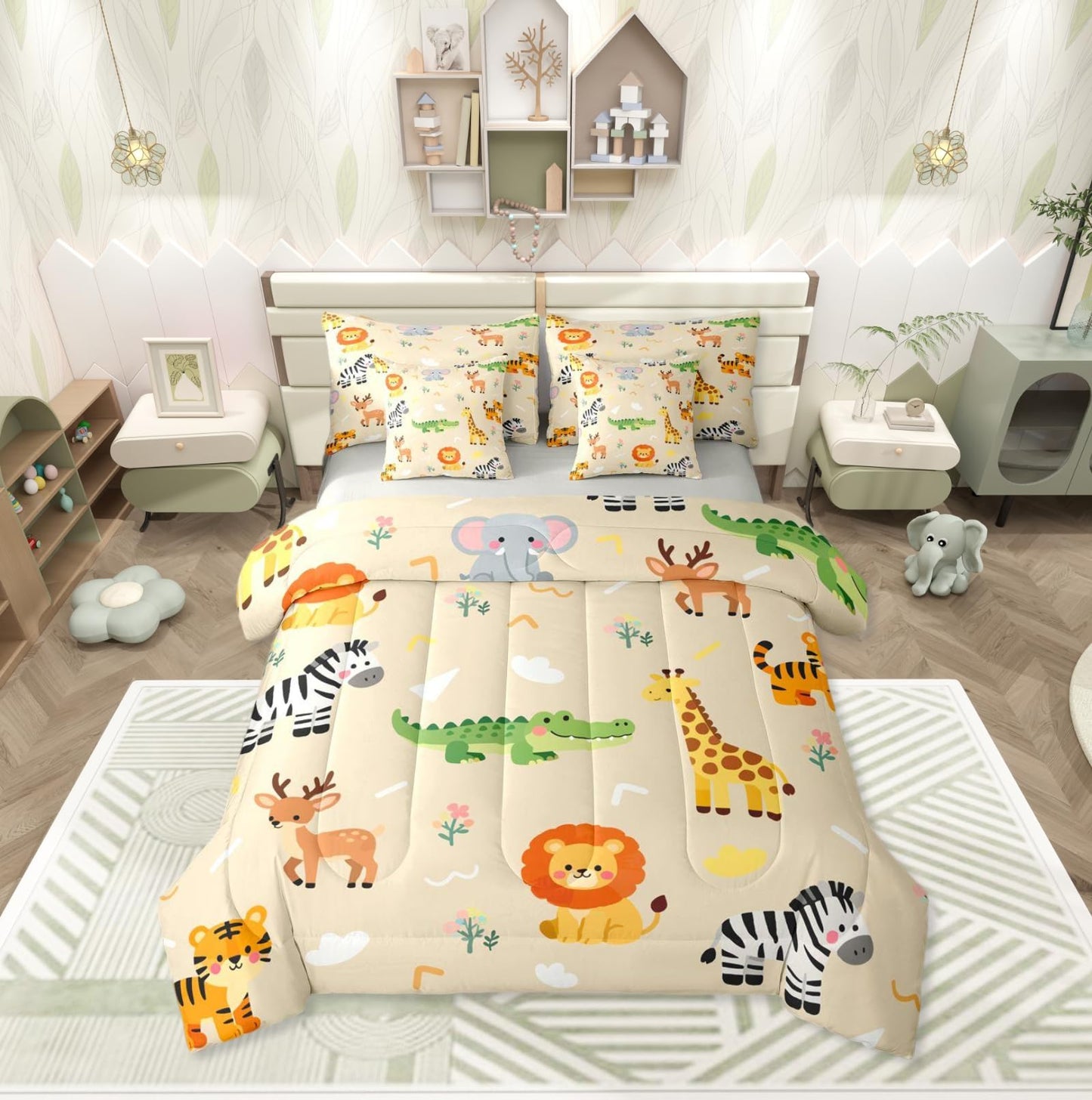 Erosebridal Kids Zoo Animal 7 Piece Comforter Set Twin for Nursery Bedroom | Cute Wild Animals Bedding Set Lion Elephant Crocodile Wildlife Sheets Safari Wild Print Quilt Natural Theme Bed Set