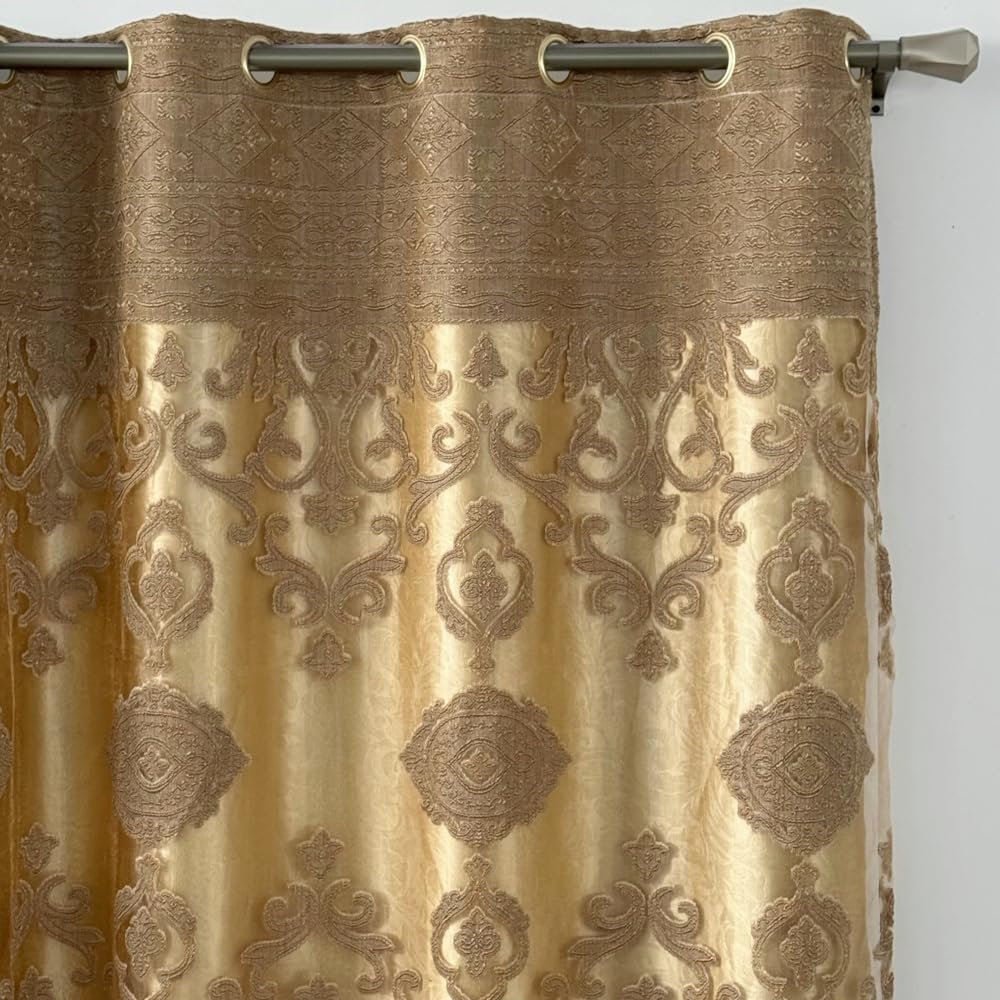 Amidoudou 1 Pair Luxury Double Layered European High-Blackout Curtains Embroidered Curtains for Living Room Bedroom Balcony (Gold,58x90 Inch)