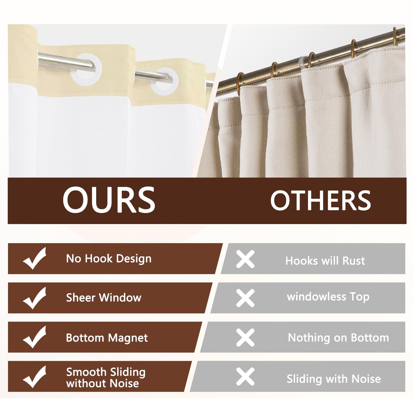 NAEMBCU No Hook Shower Curtain with Snap-in Liner, Sunset Silhouette Black Birds Design with Mesh Top Window, Waterproof Double Layer Nature Bathroom Decor, 71 x 74 Inch