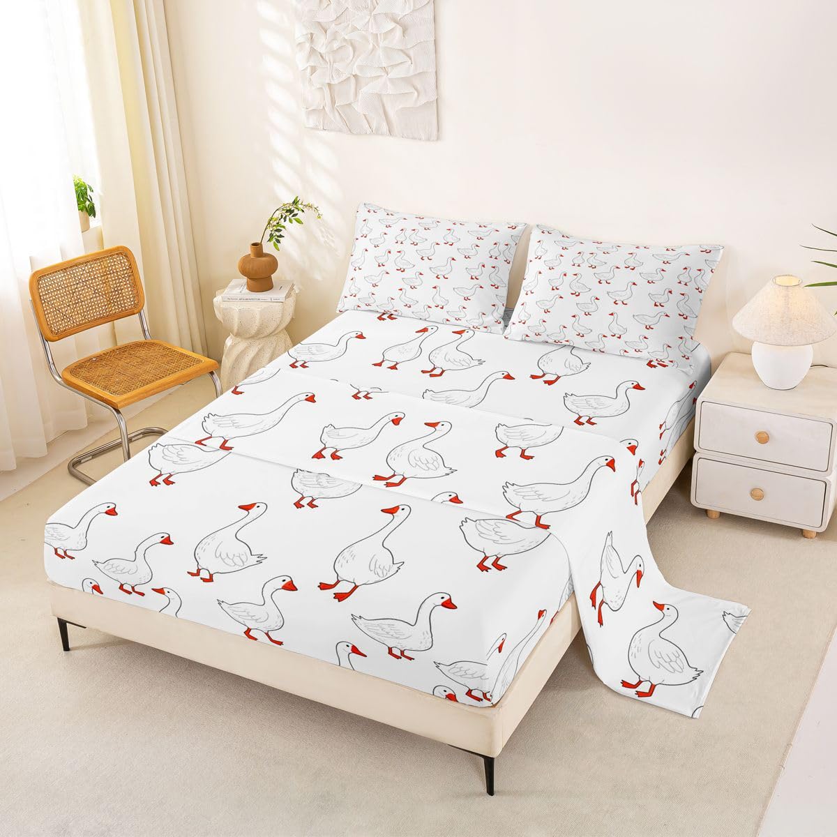 Erosebridal Cartoon Goose Bed Sheets Set Full Kawaii Animal Sheet Set Cute White Geese Sheets Cute Funny Flat Fitted Sheet