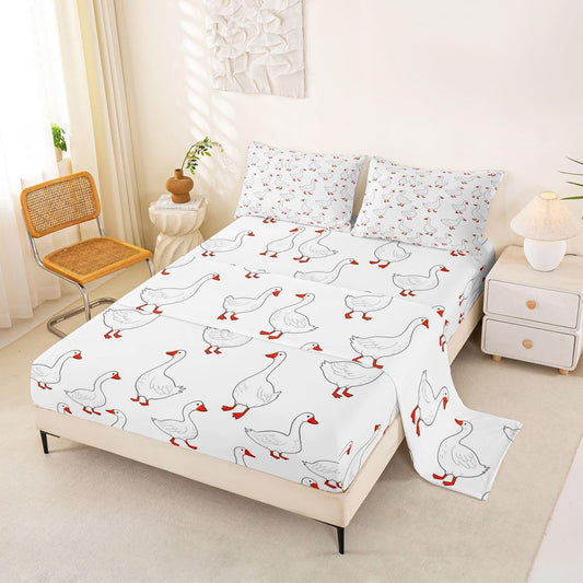 Erosebridal Cartoon Goose Bed Sheets Set Full Kawaii Animal Sheet Set Cute White Geese Sheets Cute Funny Flat Fitted Sheet