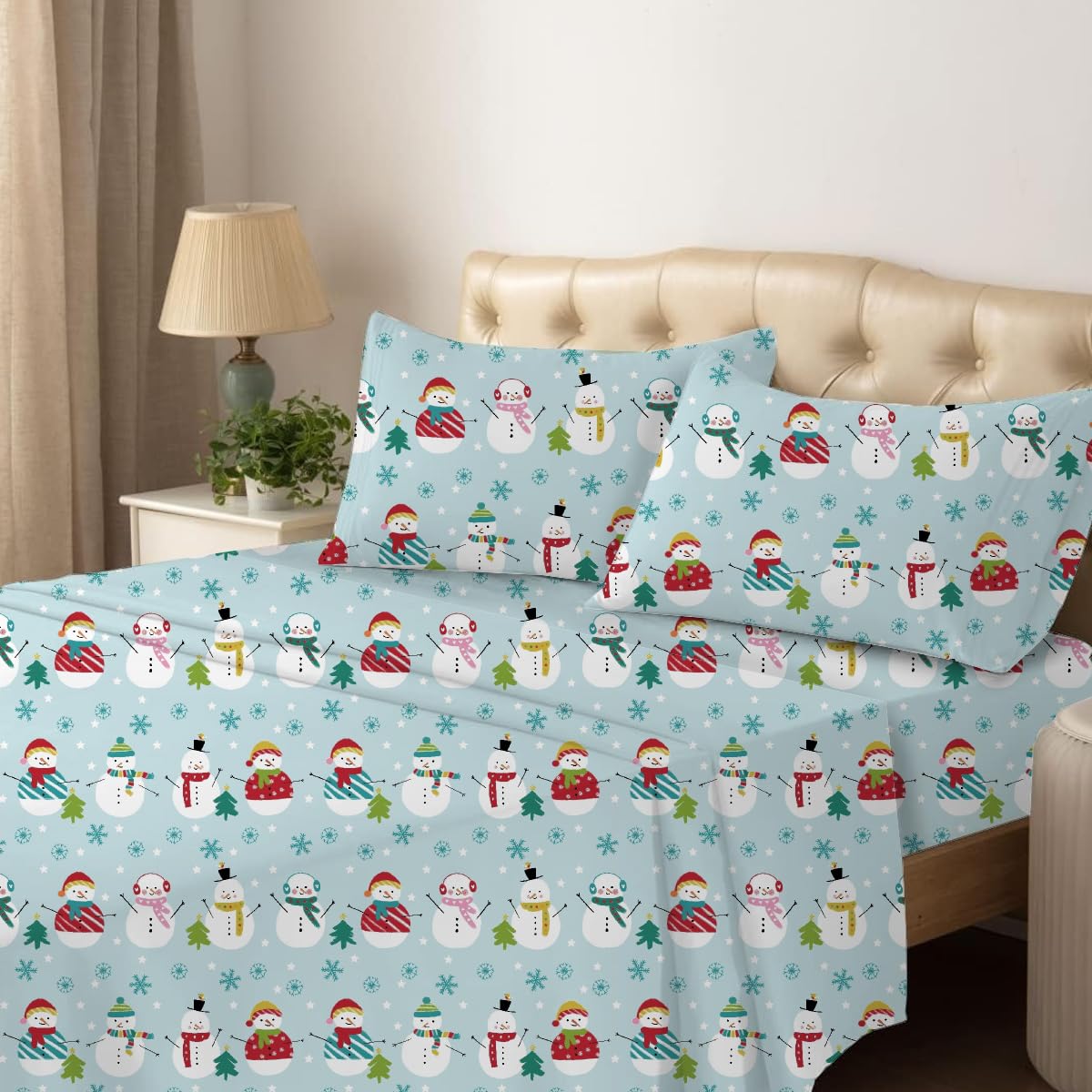 Shreem Linen Queen Sheet Set - 4 Piece Bedding - Brushed Microfiber Soft Sheets for Queen Size Bed with Flat,Fitted Sheet,2 Pillow Cases (Starry Snowmen)