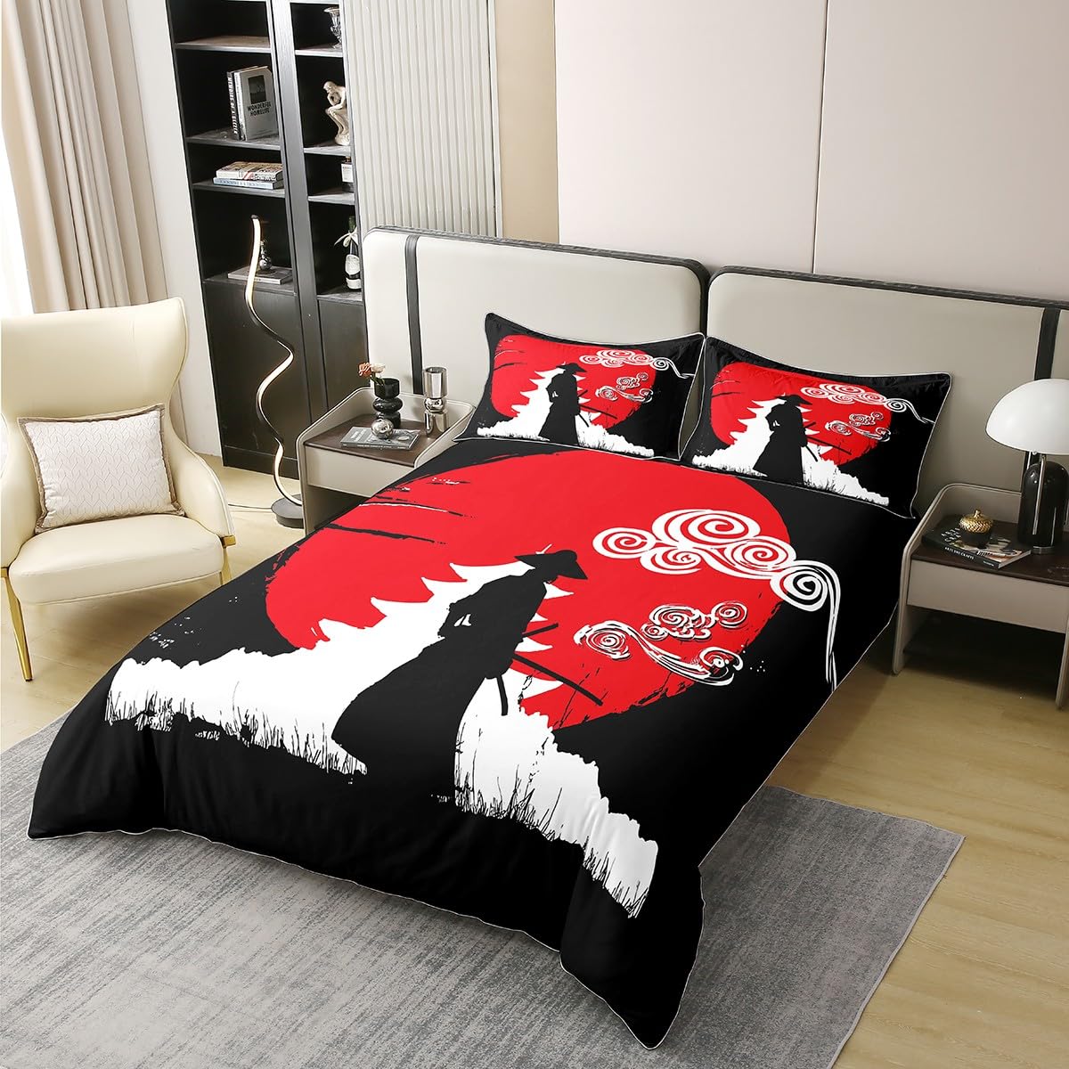 Samurai 100% Organic Cotton Duvet Cover, Sunset Print Bedding Set, Japan Comforter Cover, Building Silhouette Breathable Quilt Cover with Zipper Closure 1 Duvet Cover with 1 Pillow Case Twin Size