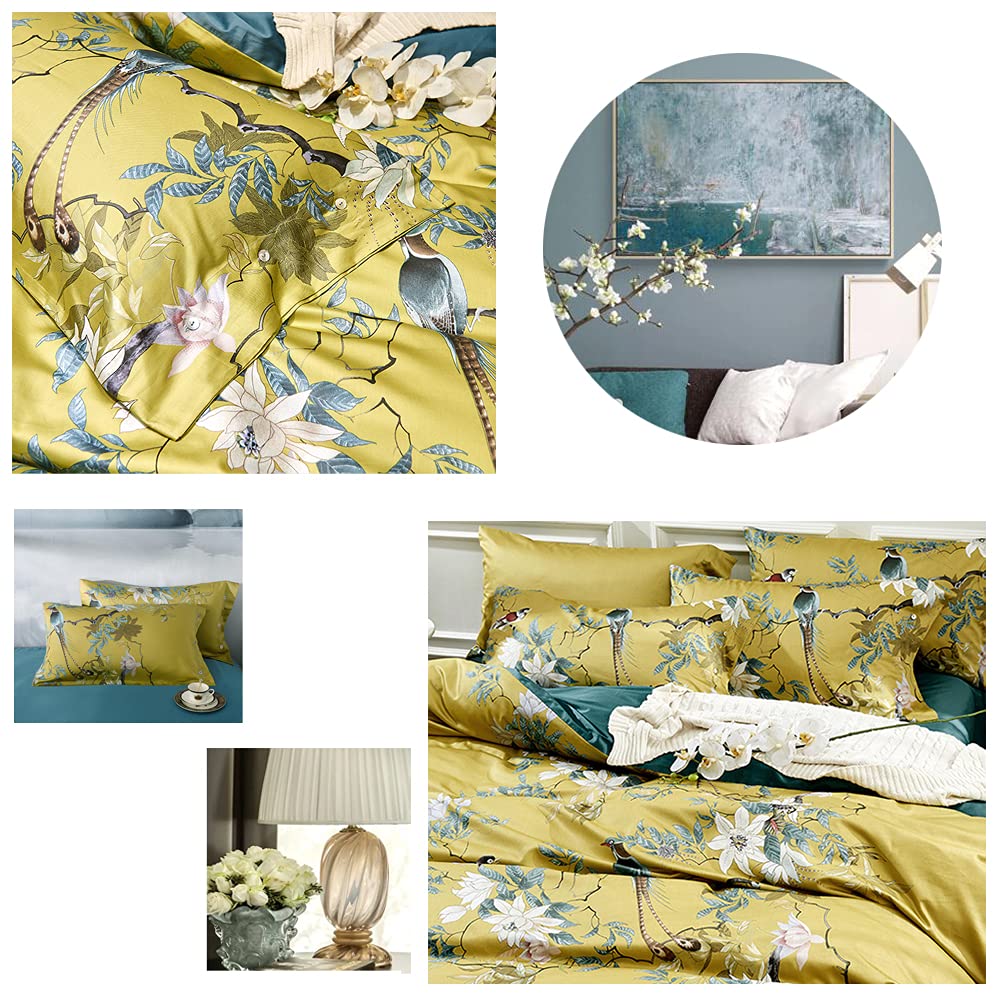 mixinni King Size Flowers and Birds Pattern Printed Gold Bed Pilowcase 100% Cotton Pillow Cover 20 x 36 Inches Set of 2 (King, 5209-Pillowcases)