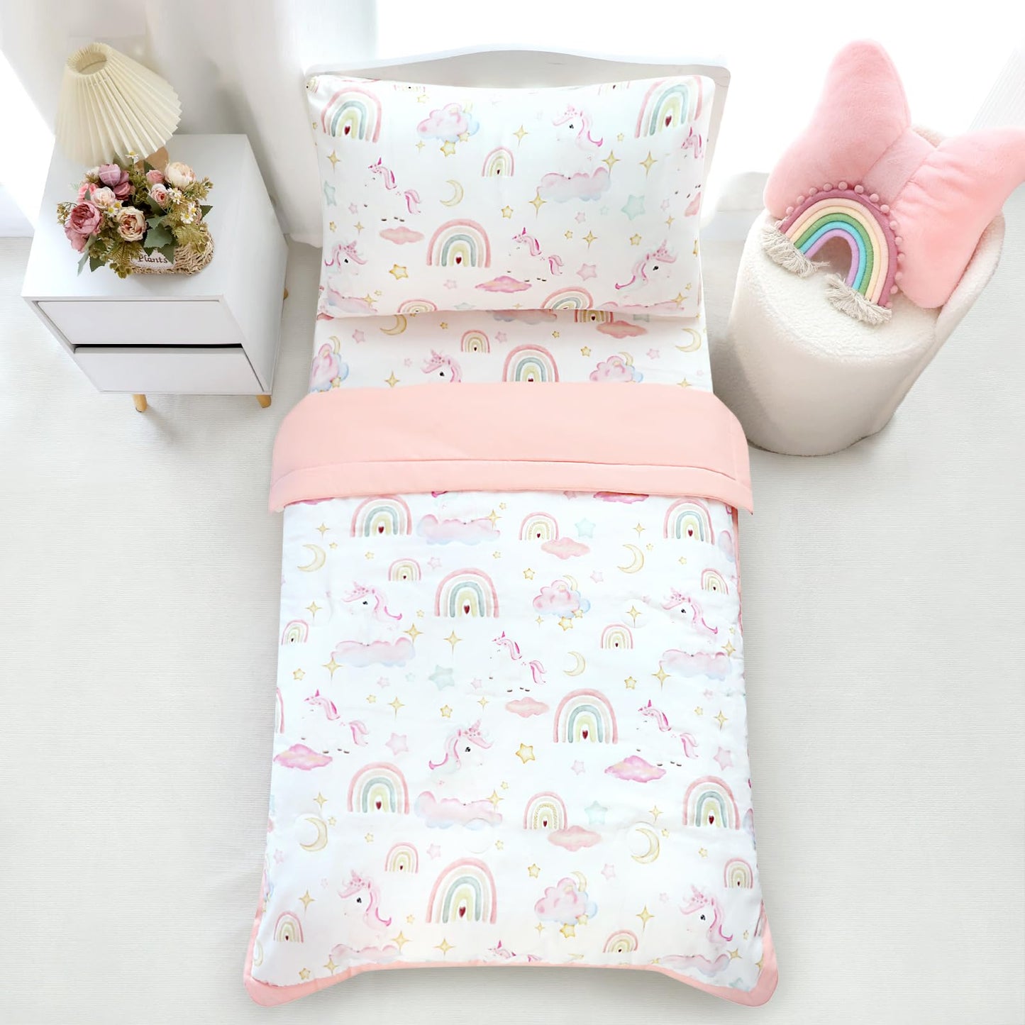 Pea Pod Muslin Toddler Bedding Set 3-Piece - Soft Breathable Crib Bedding with Fitted Sheet, Quilt & Pillowcase for Infant & Kids Bed | Machine Washable Nursery Bed Set, Unicorn Rainbow