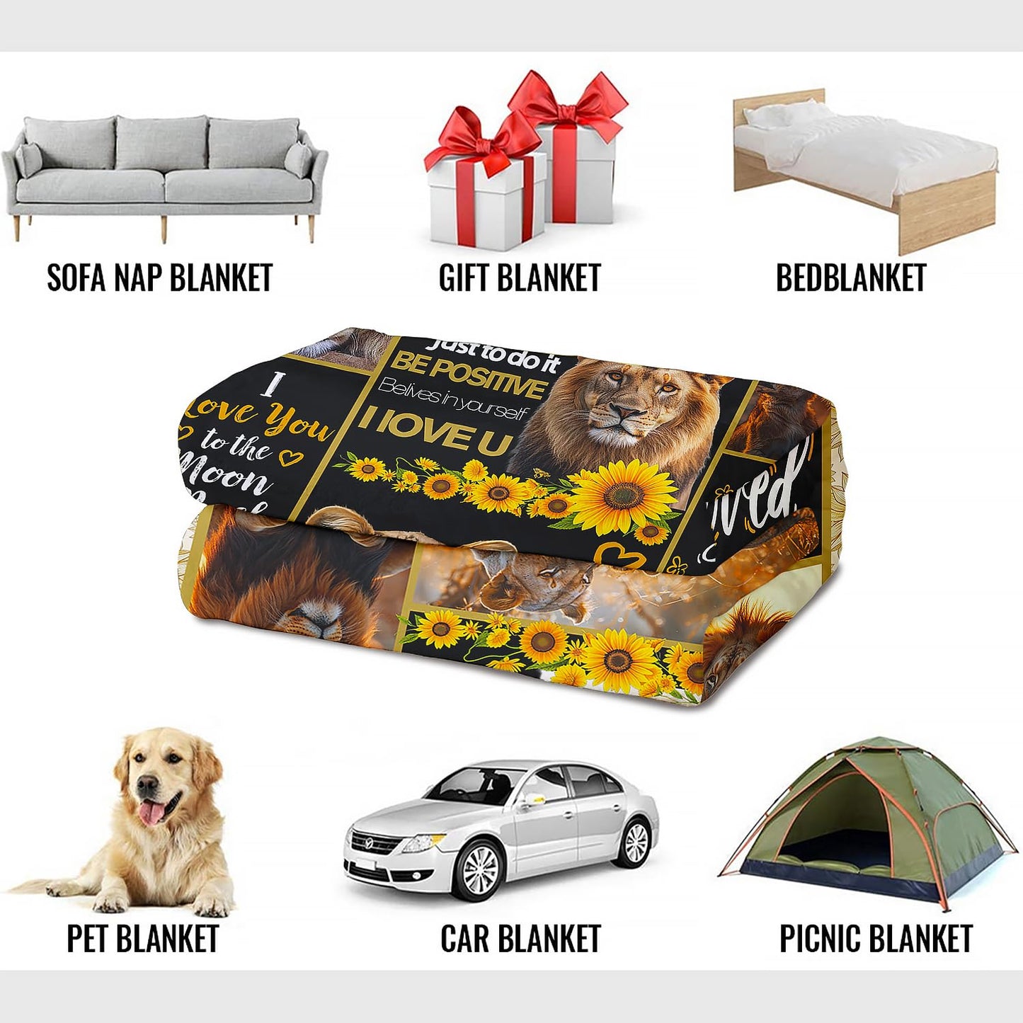 XSMEI Lion Throw Blanket, Sunflower Motivational Quotes, Soft Cozy Fleece Blanket for Couch Bed, 60 x 80 Inches