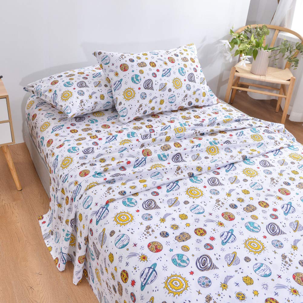 JSD Universe Planets Kids Sheet Set Twin Size, 3 Piece Space Theme Microfiber Sheets Deep Pocket