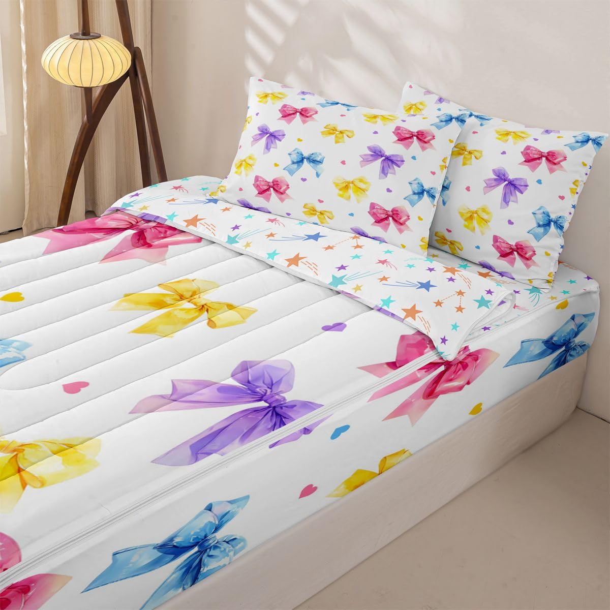 Feelyou Bow Zipper Bedding Queen Bowknot Comforter Set with Fitted Sheet and Pillowcases Kids Boys Girls Kawaii Zipper Bedding Sets Heat Love Bedroom Decor Cute Bow Gilfts