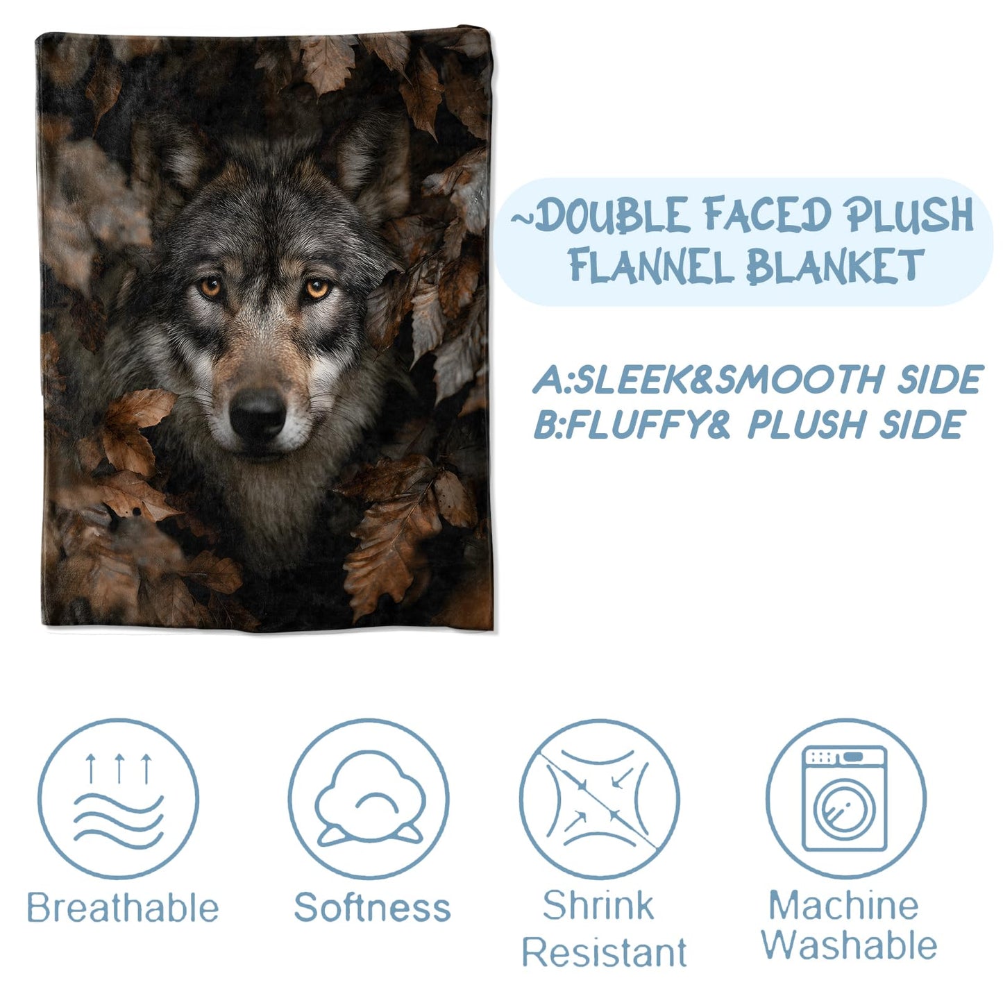 Zeleda Wolf Blanket, Gifts for Animal and Fall Lovers, Lightweight Flannel Throw Blankets, Realistic Woodland Wildlife with Autumn Leaf Throws Home Decor, for Couch Living Room Office, 60x50inch