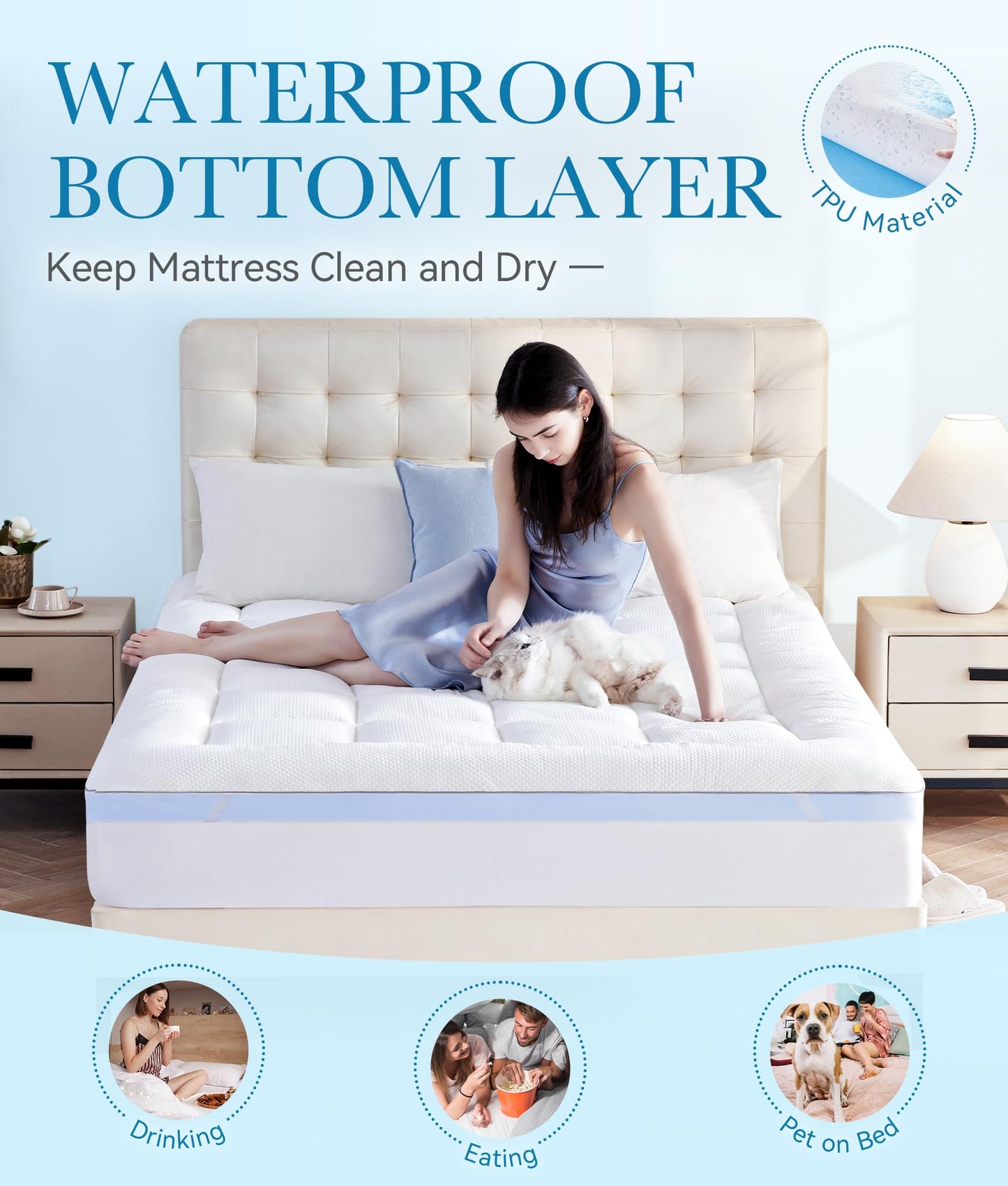 BDEUS Waterproof Dual Layer 4 Inch Memory Foam Mattress Topper Queen Size, 2 Inch Gel Memory Foam Plus 2 Inch Down Alternative Quilted Pillow Top Mattress Pad Cover for Kids, Pets