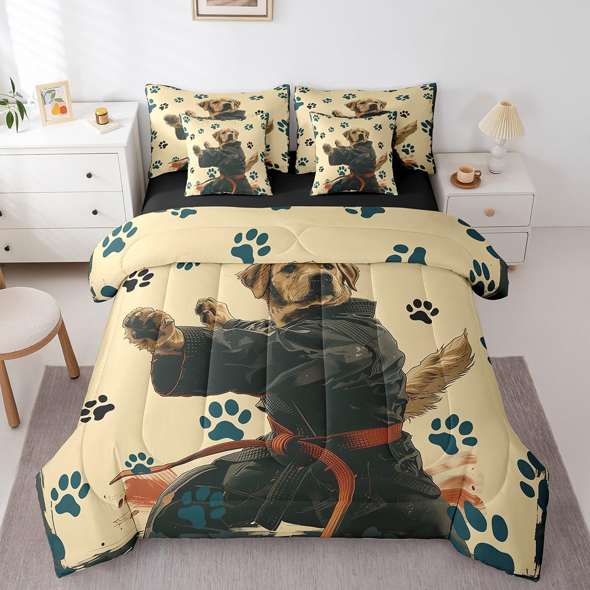 Feelyou Kids Taekwondo Comforter Set with Sheets Queen Size, Kungfu 7 Pieces Bedding Set Boys Girls Cute Dog Bed in A Bag Japanese Sports Teens Bed Set Bedroom Decor 7Pcs