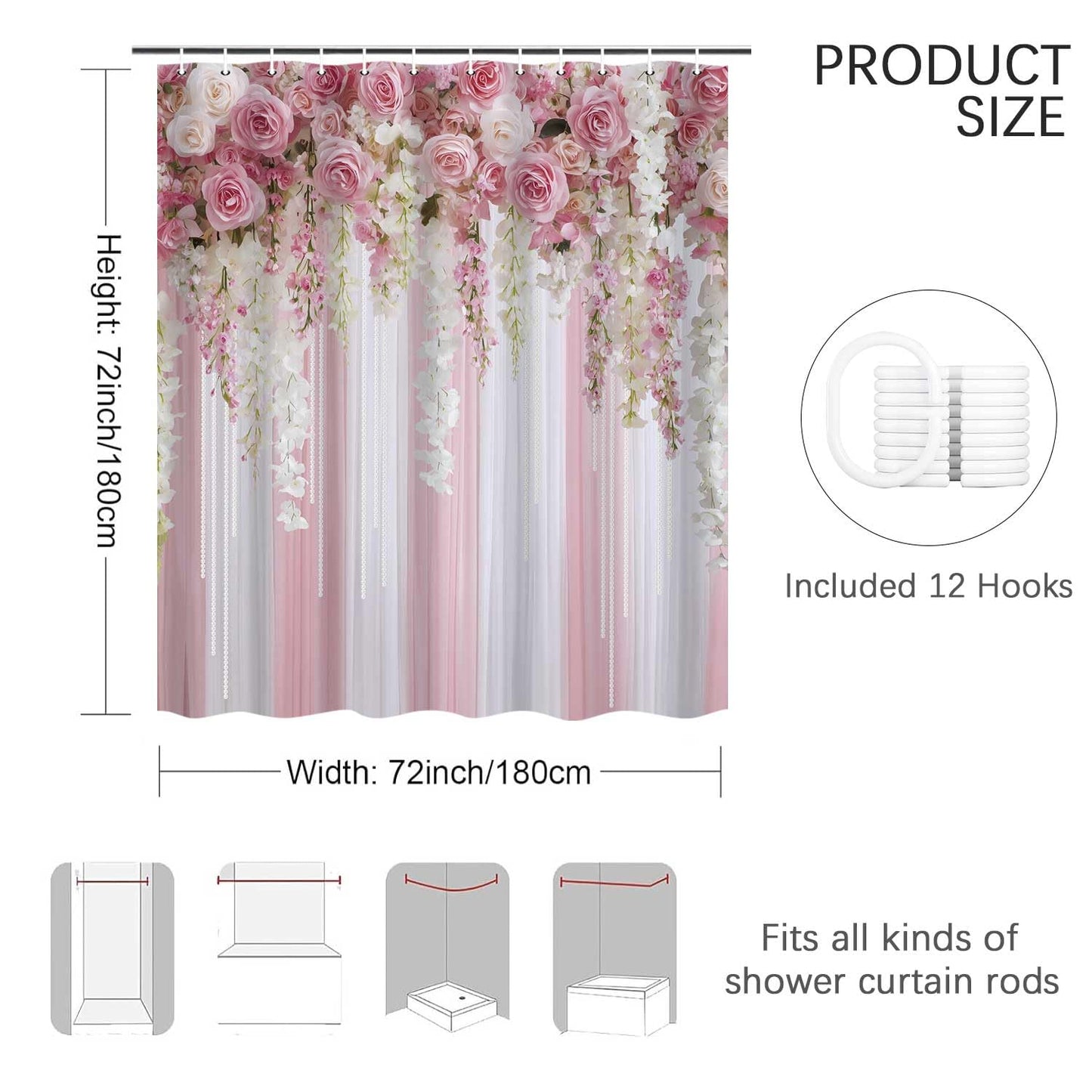 iTapnoom Pink Rose Shower Curtain 72x72 Inch, Romantic Floral Bathroom Curtain with Hanging Flower Garland Design Waterproof Fabric Bath Curtain Set with 12 Hooks for Home Decor