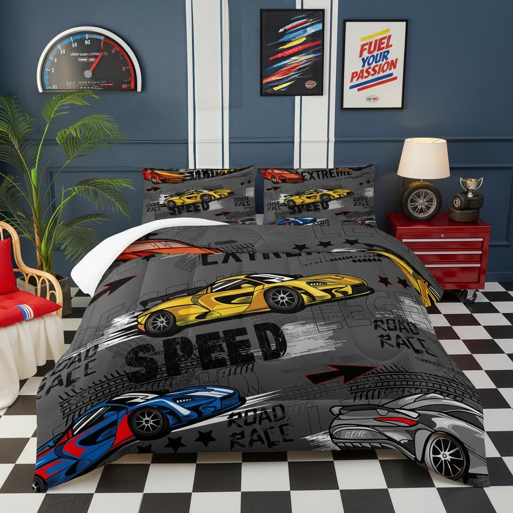 lneffble Race Car Full Comforter Set for Boys，Race Car Full Bedding Sets for Boys，Hot Wheels Cars Full Bedding Set，Theme Room Decor