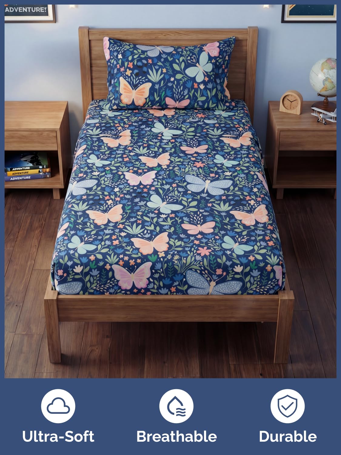 CGK Unlimited Kids Butterfly Meadow Twin 3 Piece Sheet Set - Boys, Girls, Teens, Toddler - Easy Fit Deep Pockets - Soft, Cooling & Breathable Sheets - Cozy, Fade and Wrinkle Free - Machine Washable