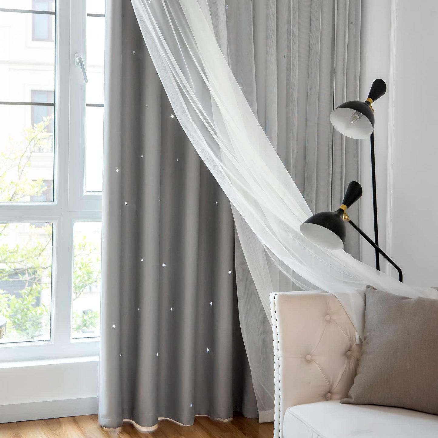 Loyala Star Blackout Curtains for Bedroom - Double Layer, Kids, Cute - 63 Inch Long, 1 Panel, Grey
