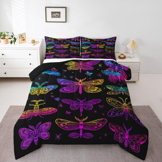Butterfly Bedding Set, Trippy Ombre Dragonfly Comforter Set for Kids Girls Teens, Gradient Rainbow Butterflies Bedding Comforter Sets, Psychedelic Colorful Moth Quilt Halloween Bedroom Decor, Queen