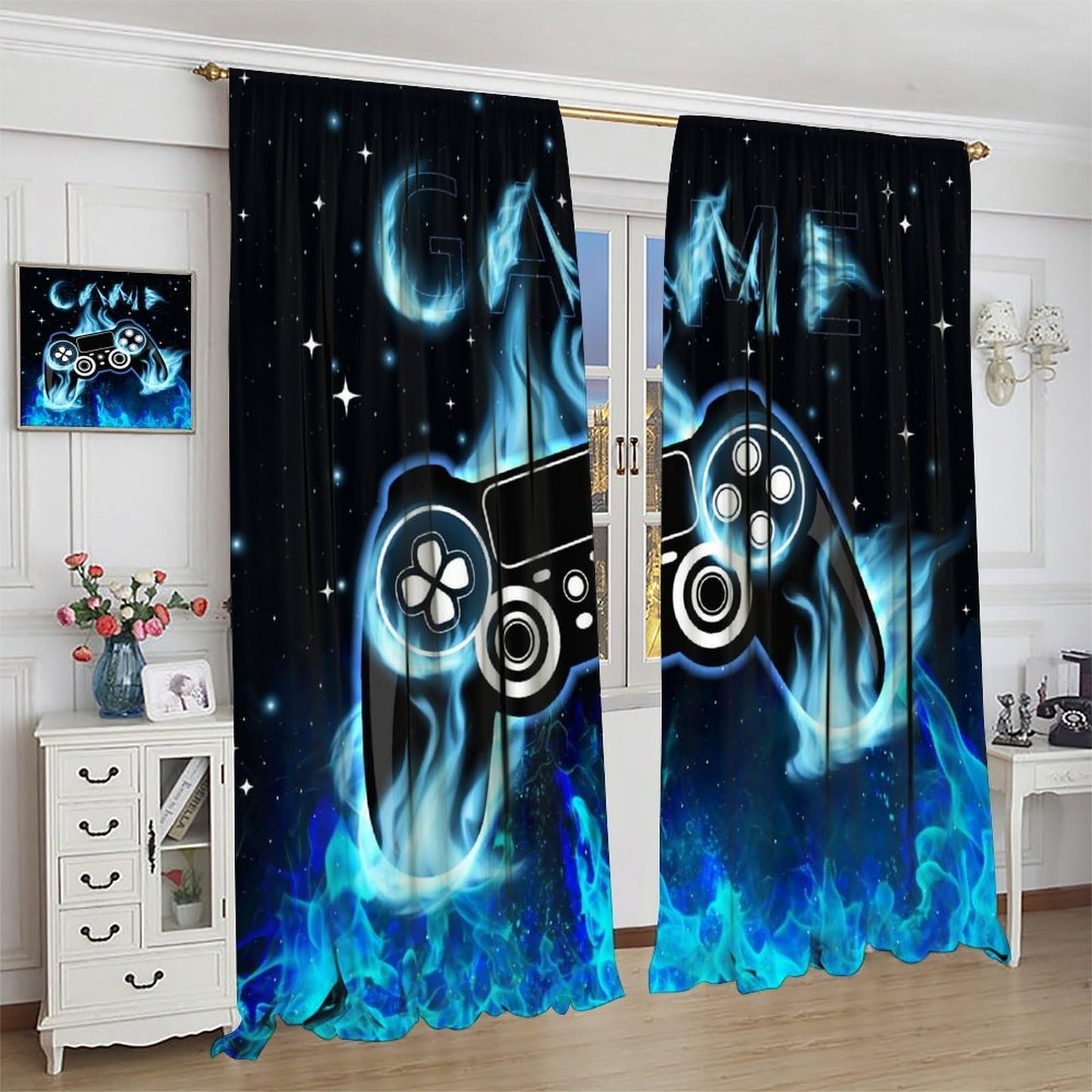 wlsgdsg Blue Gamer Curtains for Boys,Fantasy Cartoon Flame Video Computer Gamepad Starry Window Treatments Print for Kids Teenage Bedroom Living Room 41x44.5in（No Blackout）
