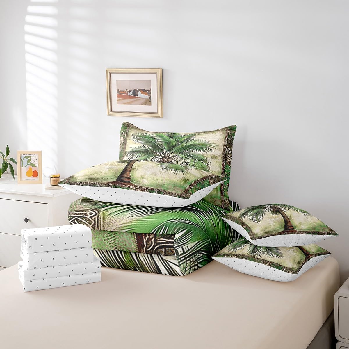 Feelyou Green Palm Tree Print 7 Pieces Bedding Set Palm Leaf Twin Comforter Set with Sheets for Boys Girls Kids Room Decor Beach Theme Bed in a Bag Hawaiian Beach Bed Set Botanical Nature Theme
