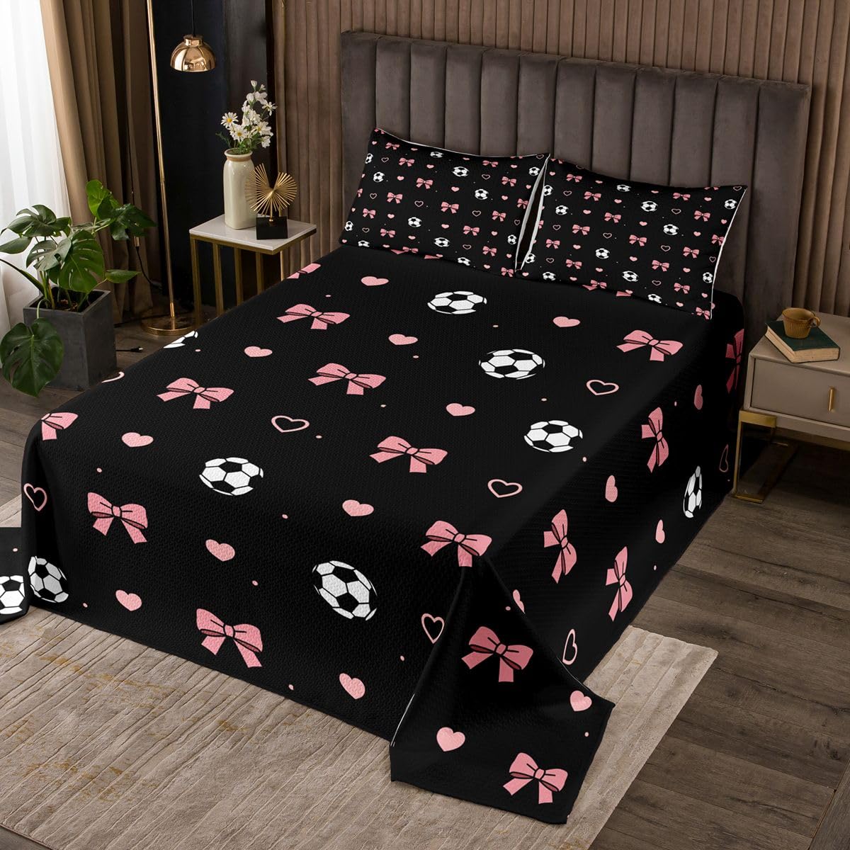 jejeloiu Bow Bedspread Queen Size Football Coverlet Set Cute Bowknot Quilted Coverlet for All Season with 2 Pillowcases Microfiber Lightweight