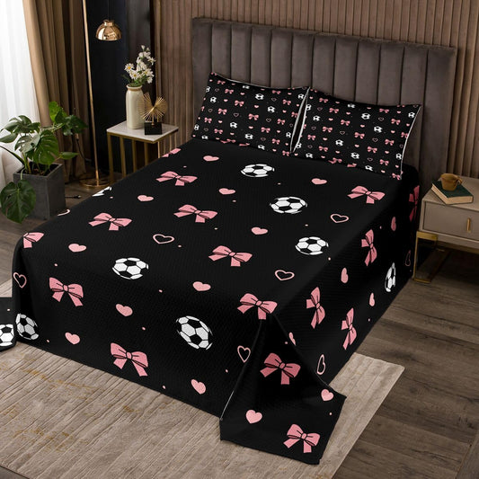 jejeloiu Bow Bedspread Queen Size Football Coverlet Set Cute Bowknot Quilted Coverlet for All Season with 2 Pillowcases Microfiber Lightweight
