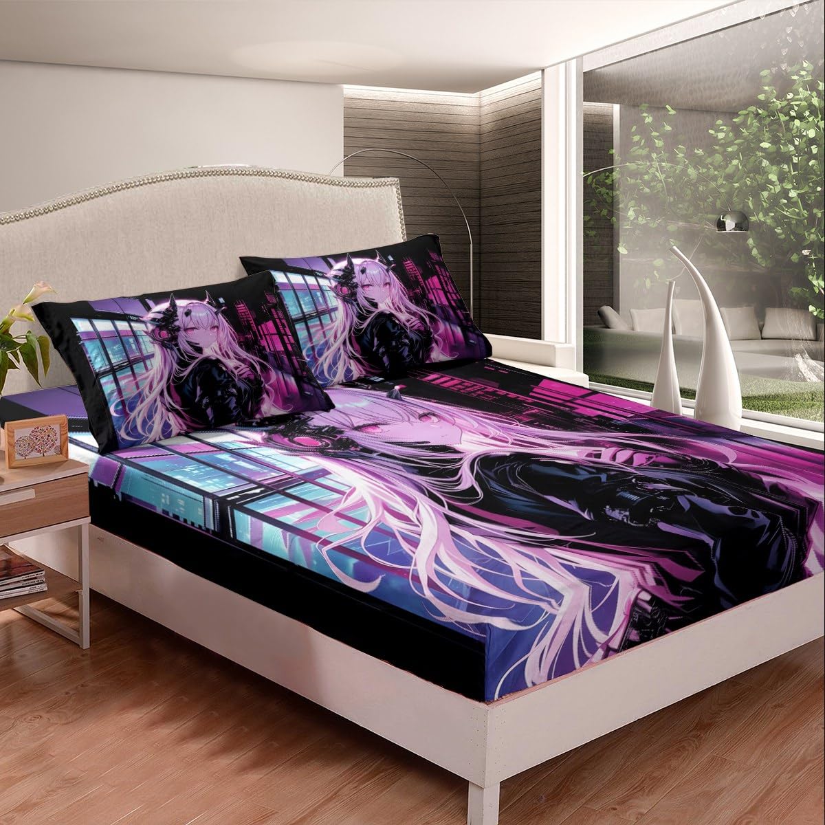 Erosebridal Japanese Anime Fitted Sheet Queen Size, Anime Girl Bedding Set Kawaii Japanese Style Bedding Set Cartoon Japan Animation Bed Set for Boys Teens Adult Women Bedroom Decor